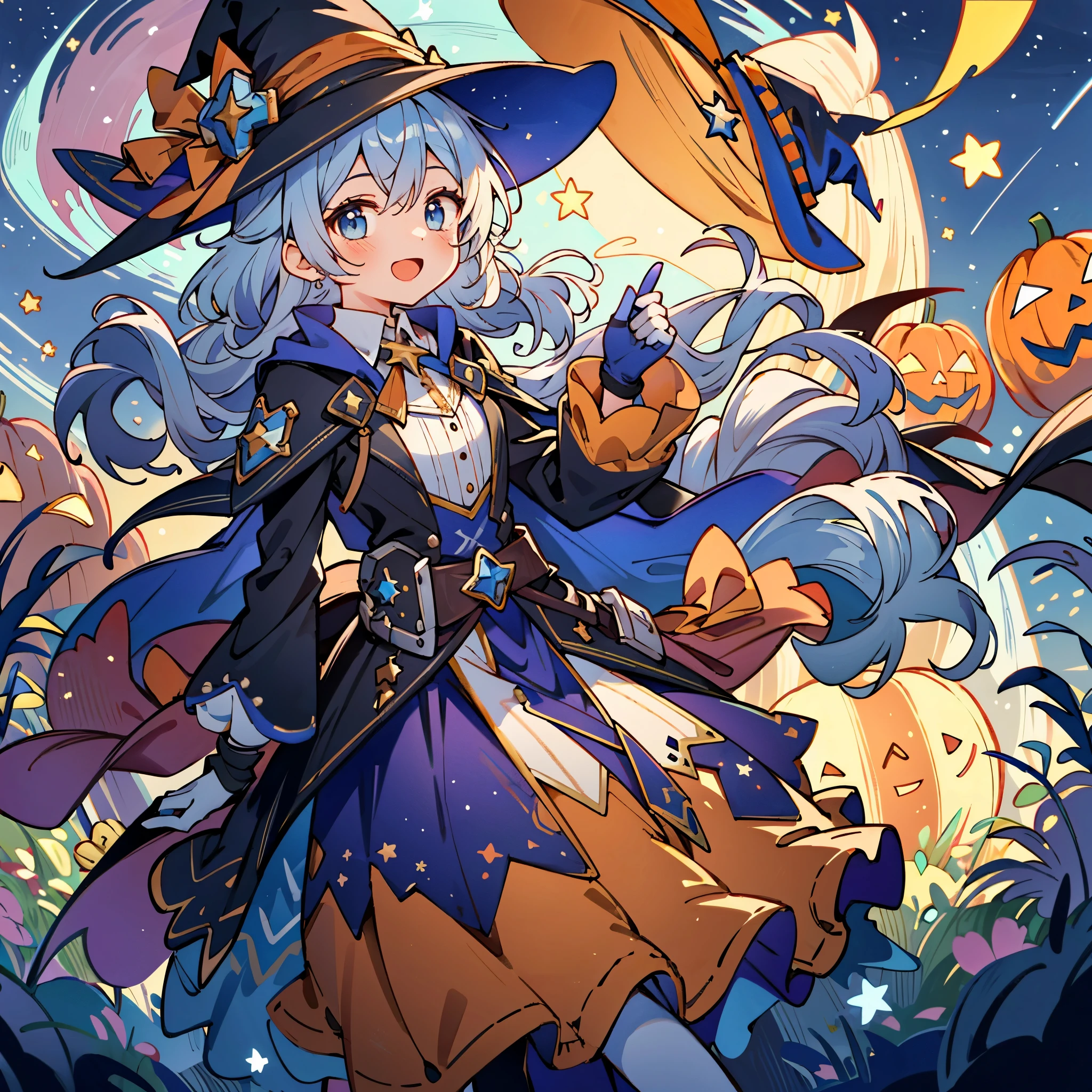 ((masterpiece:1.2, best quality)), 1girl, solo, (witch hat), a close up of a girl with curly hair, dress, aurora, night, star (sky), gloves, sky, dress, night sky, open mouth, starry sky, light blue eyes, ribbons, smile, cape, colorful hair, magic, casting spell, night, (impressionism:1.4), alphonse mucha, Halloween colors, colorful candy, magical lights, pumpkins, candies