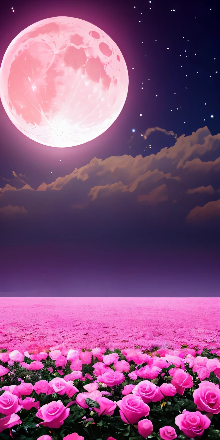 Pink moon, pink sky, soft pink clouds, pink ocean waves sparkling, sparkling, pink roses on pink ocean, fantasy, diamond, crown, universe, soft lights,