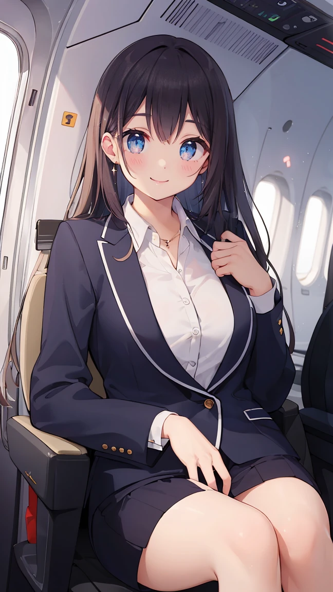 1 Woman Standing, stewardess, (stewardess uniform), Mature Woman, /(Light brown hair/) bangs, Blushing happy smile, (Masterpiece Top quality:1.2) Very detailed, Big Break /(Airplane Seats/) indoor