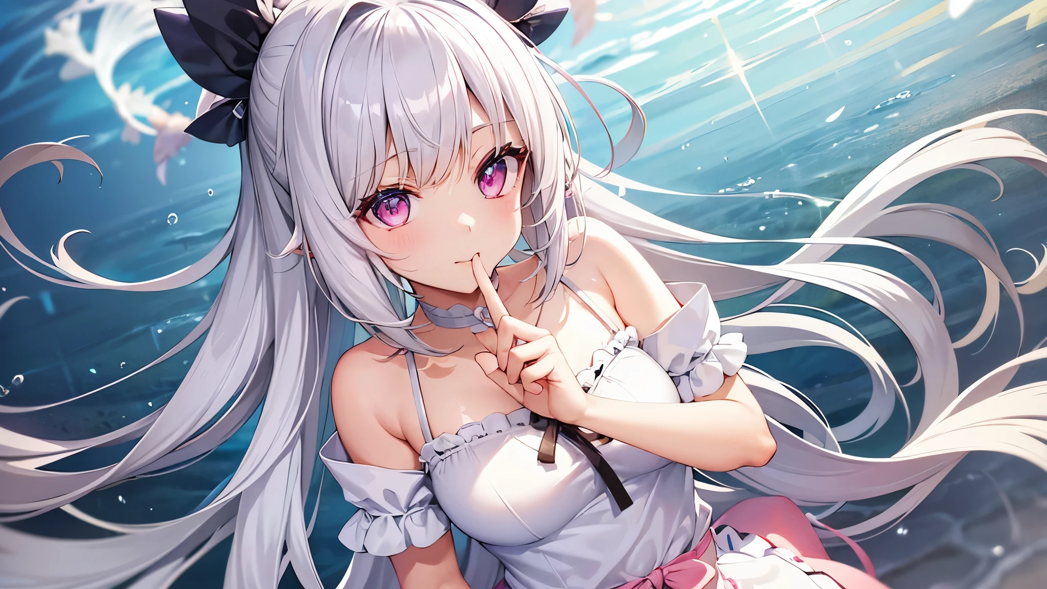 masterpiece,best quality,1girl,crown,white swimsuit,choker,sharp teeth,light frown,shy,blush,hands on own face,tongue,tongue out,saliva,saliva drip,boo (mario),ghost,full body