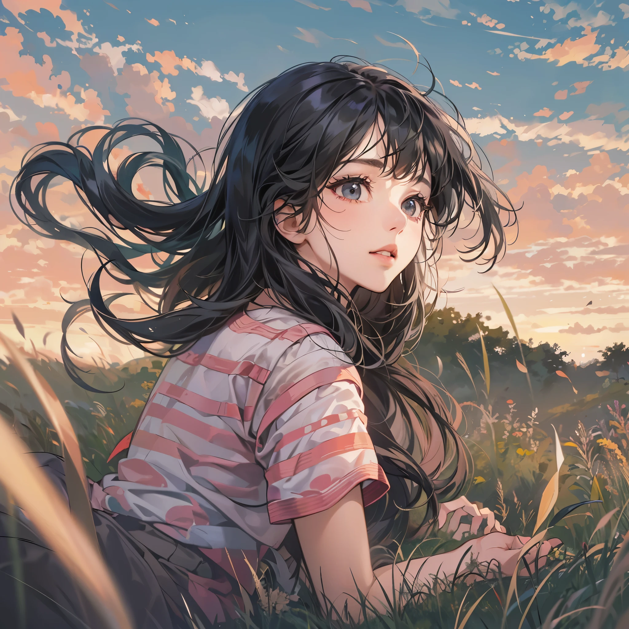 ( highres, ultra detailed, realistic, )(解剖学正确）, 1  girl,long black hair, wind blow，pink white stripe T-shirt, lying on the grass, black eyes，looking at the sky, sunset sky background, ultra - detailed, best quality, Detailed diagram, vectorized, 8K, Graphic design, vector lines, Full-HD,仰视角度