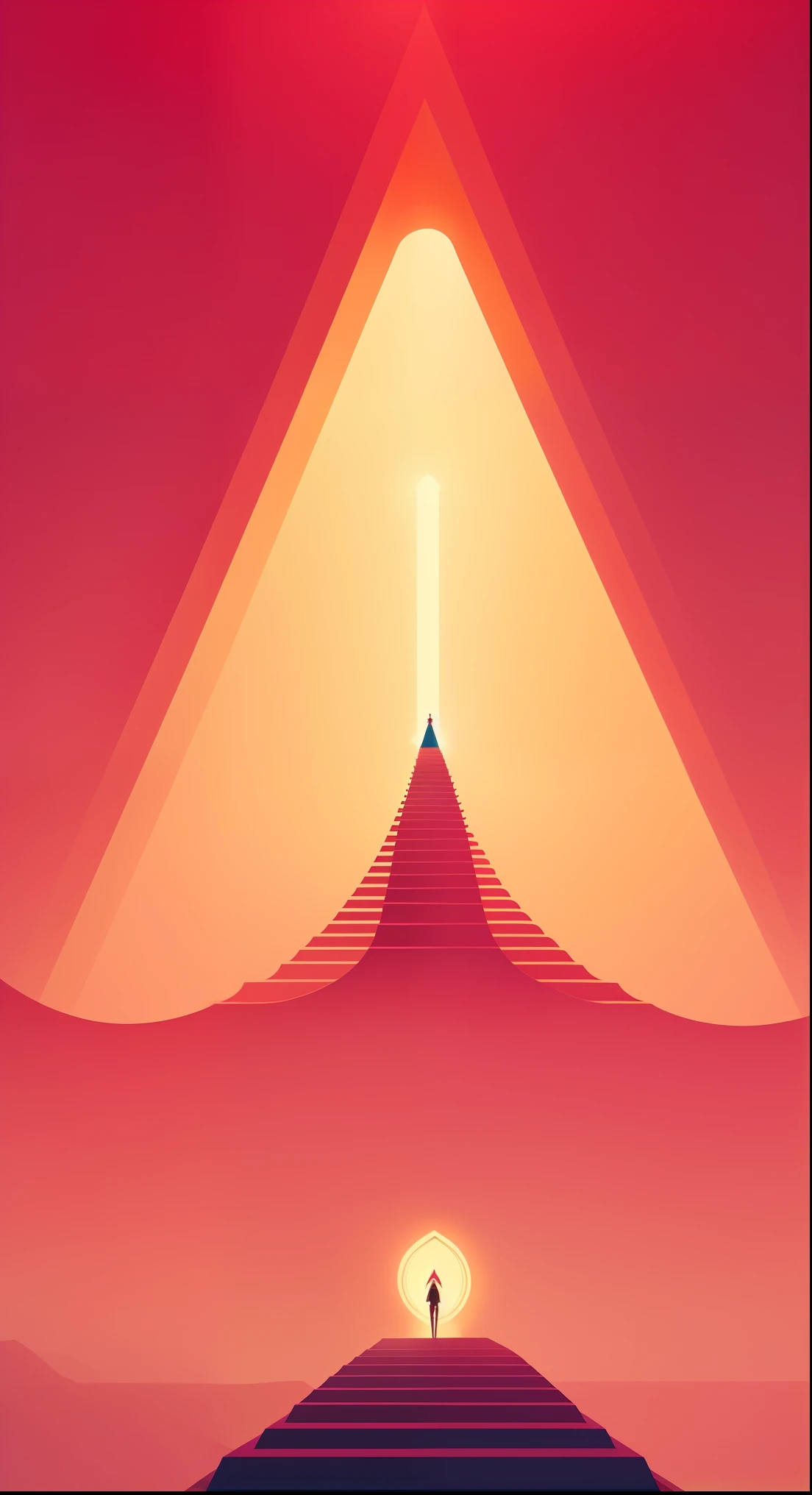 There is a man walking down the long red stairs, promotional art, blurred and dreamy illustration, inspired by Kilian Eng, concept illustration, concept art, concept art, journeythatgamecompany, women rising into the sky, Kilian Eng. Mobius ring, inspired by Hugh Ferriss, illustration!, perspective artwork, Colorful flat surreal ethereal, women rising