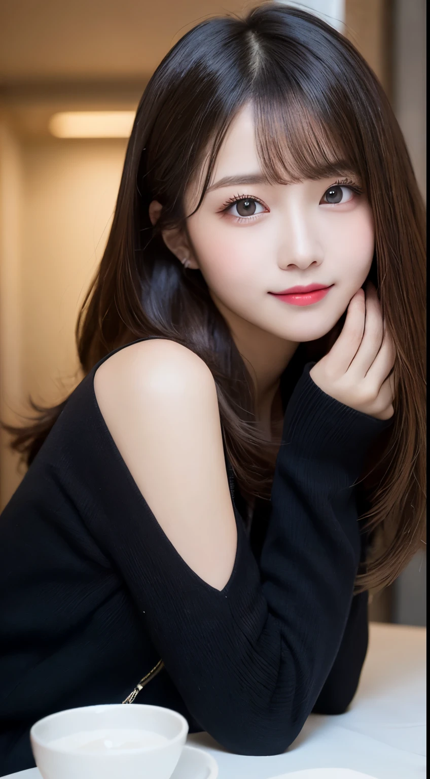 table top, highest quality, shape, Super detailed, finely, High resolution, 8k wallpaper, 完璧なダイナミックな構shape, beautiful and detailed eyes, Gorgeous and stylish black fluffy latest trend Tokyo winter clothes,ランダムなcute髪,small breasts,natural color lip, bold sexy pose,smile、20 year old girl、cute、sexy shot looking at camera,Always blur the background,perfect and beautiful face,Take only the face,beautiful and detailed face、slim face and style,Big eyes、Do gal makeup,real photos