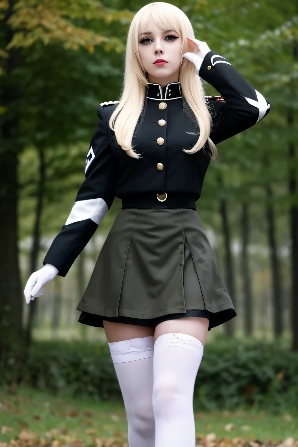 Misanthropy,nazi, black metal girl, short skirt, white stocking, blonde, dynamic pose, military uniform, porno