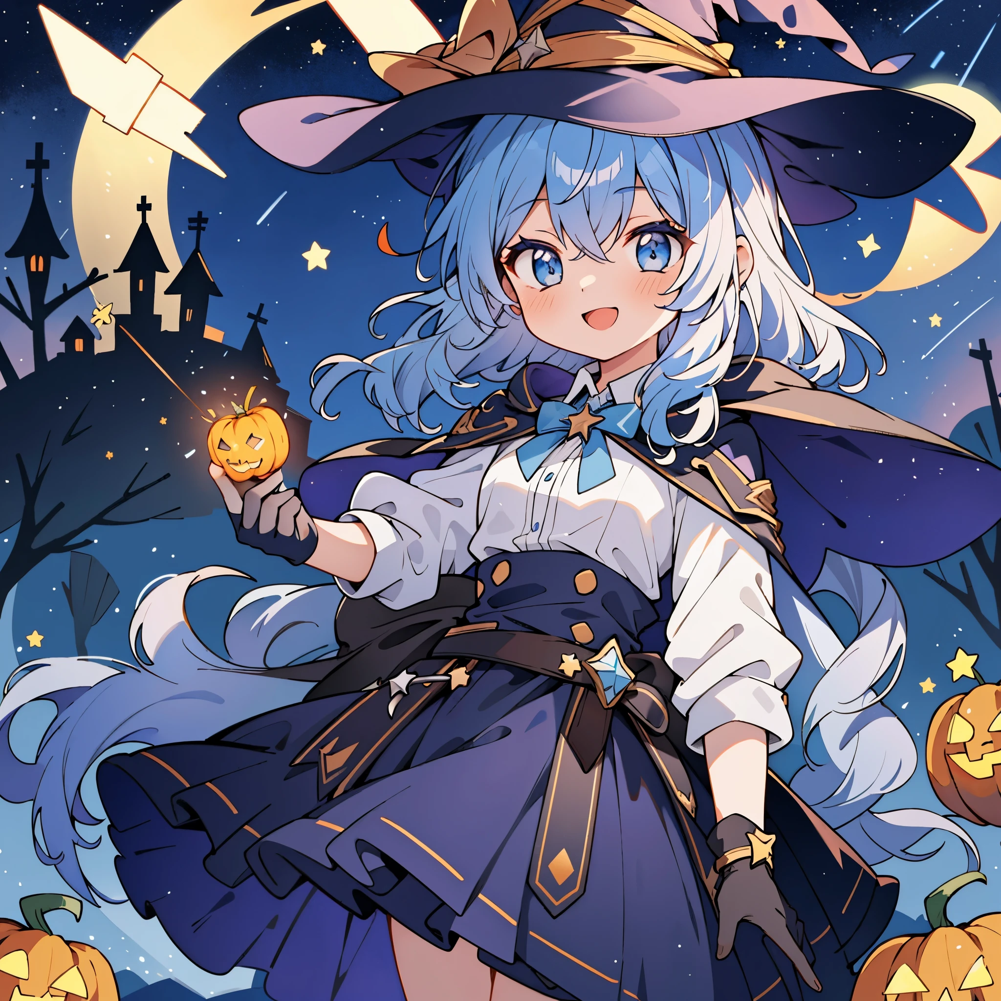 ((masterpiece:1.2, best quality)), 1girl, solo, (witch hat), a close up of a girl with curly hair, dress, aurora, night, star (sky), gloves, sky, dress, night sky, open mouth, starry sky, light blue eyes, ribbons, smile, cape, colorful hair, magic, casting spell, night, alphonse mucha, Halloween colors, colorful candy, magical lights, pumpkins, candies