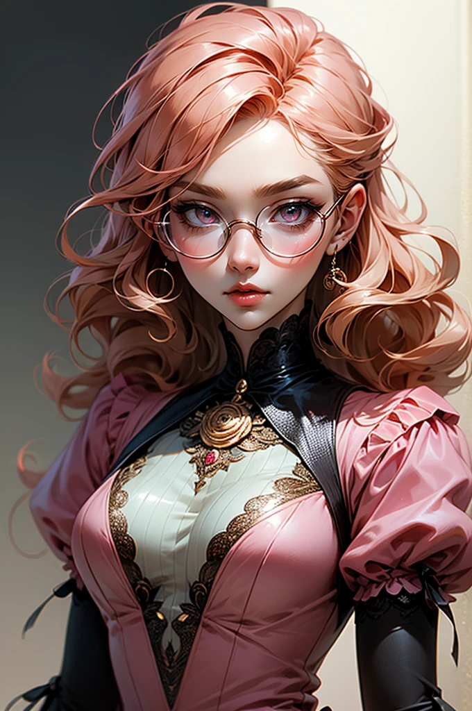 Anime girl tuxedo with curly rose gold hair and round gold glasses, rose gold eyes. Guviz style art, attractive detailed art style, Charlie Bowater Style, 1 7 - year - old cute anime girl, detailed manga style, detailed anime character art, germ of art. High detail, stunning manga art style. Rose dress. (pink dress) . Wearing rose gold Victorian clothing.