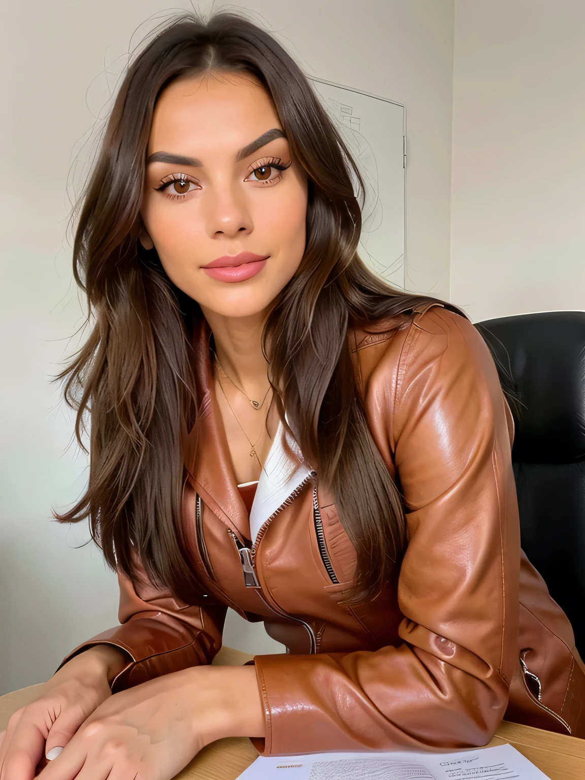 26 y.o. beautiful woman, spanish, long brown hair, Realistic, Victoria Justice, sharp details, detailed eyes, eye lashes, brows with visible brow hair, nose, lips, detailed skin texture with natural pores, fine lines, beautiful fit skinny body dressed in bright red leather jacket, and top full body view, sitting on the desk, sexy, evening