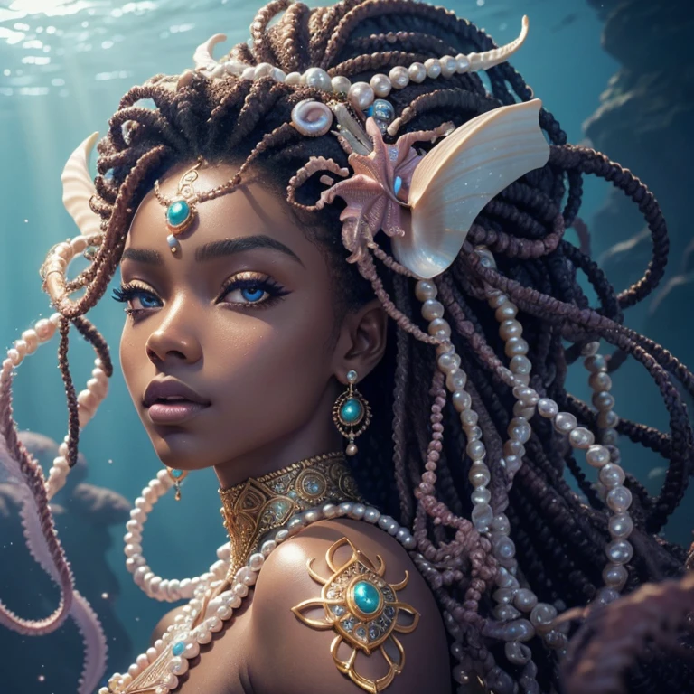 highly detailed, 8k, masterpiece, 1woman, afrofuturistic mermaid princess, long deadlock_hair, seashells_in_hair, opulent pearl jewelry, sultry_eyes, glowing_skin, (perfect_face), detailed_deepsea_background, full_body, bloom,(beautiful lighting:1.3), caustics, dynamic lighting, from_below 