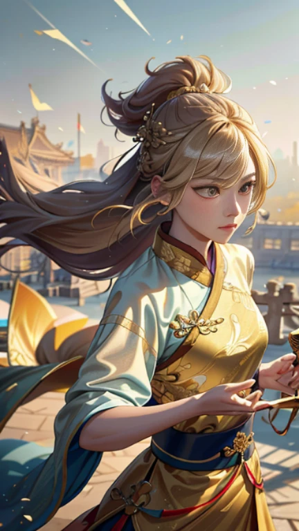 highly detailed artwork, Tall character, Drawing style with alcohol ink, Stand out with gold highlights... The subject is a Chinese female warrior with long-standing skills., flowing hair., Bright skin, and wore a beautiful pastel yellow hanfu... She held a golden long sword in her hand.., Gracefully falling from the sky with clothes and hair blowing in the wind.., Create a mesmerizing scene. The composition consists of the play of light and shadow.., With the Forbidden City in the background.., And the camera angle will be higher when the character descends..."