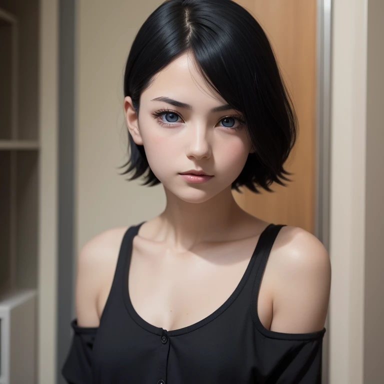 a beautiful girl with short black hair, blue eyes, thin lips, round face, small breasts, thin waist, medium ass, very pretty, wearing college, tomboy clothes