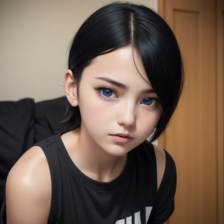 a beautiful girl with short black hair, blue eyes, thin lips, round face, small breasts, thin waist, medium ass, very pretty, wearing college, tomboy clothes