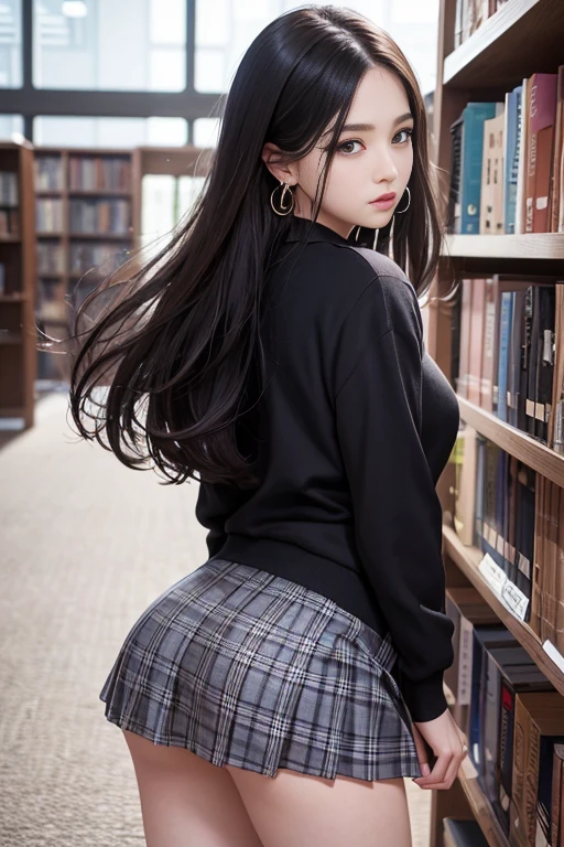 highest resolution, highest quality, Super realistic, beautiful woman、Shining beautiful skin, huge 、without moles, black hair, earrings、Dark makeup, high school girl uniform、Plaid super mini skirt、The place is the library、Facing straight behind you、Standing in honor、Show off your butt in close-up to the camera