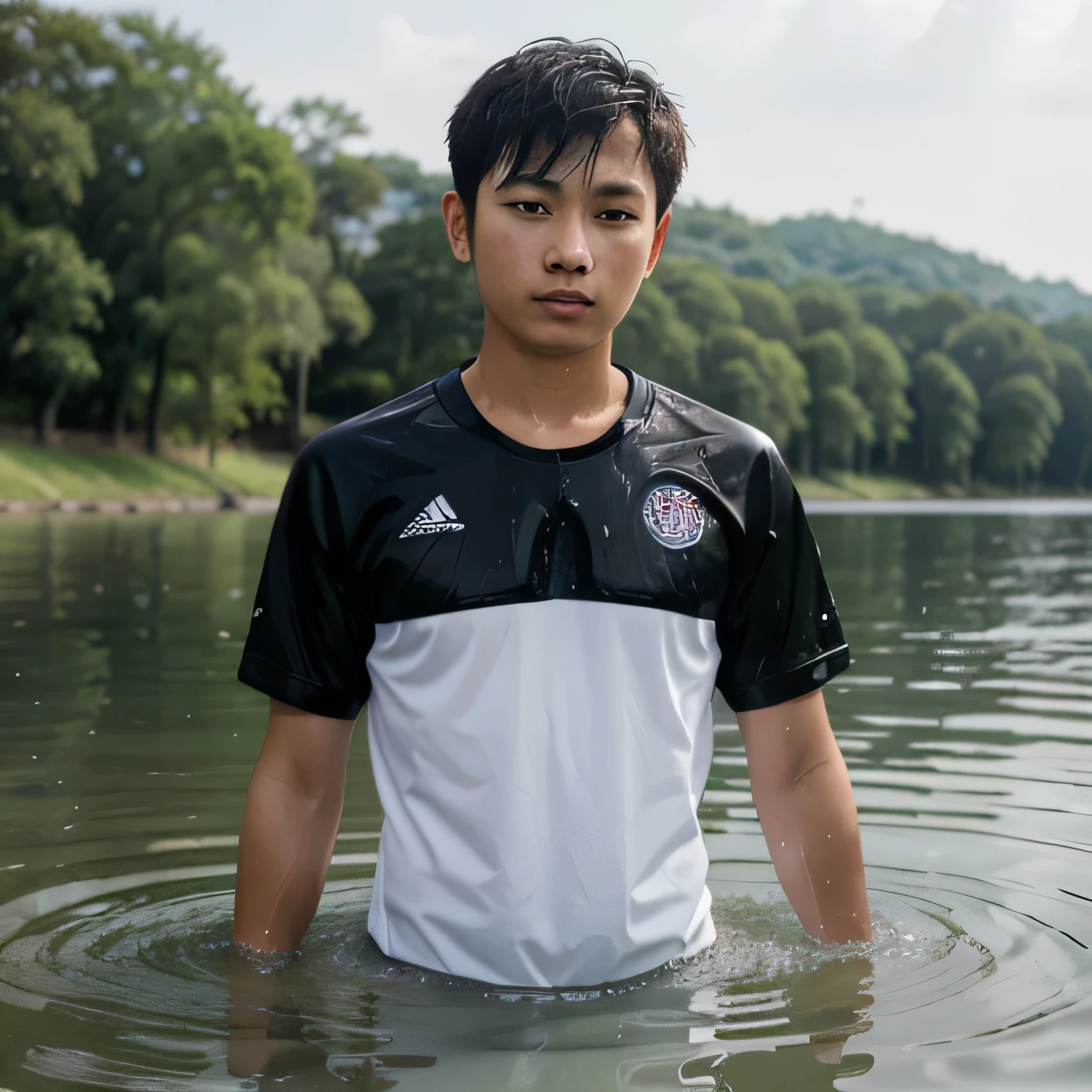 11 year old East Asian boy&#39;Wearing a school uniform, the soaked body was baptized in the water, emerge from the water, in the lake, in lake，sportswear