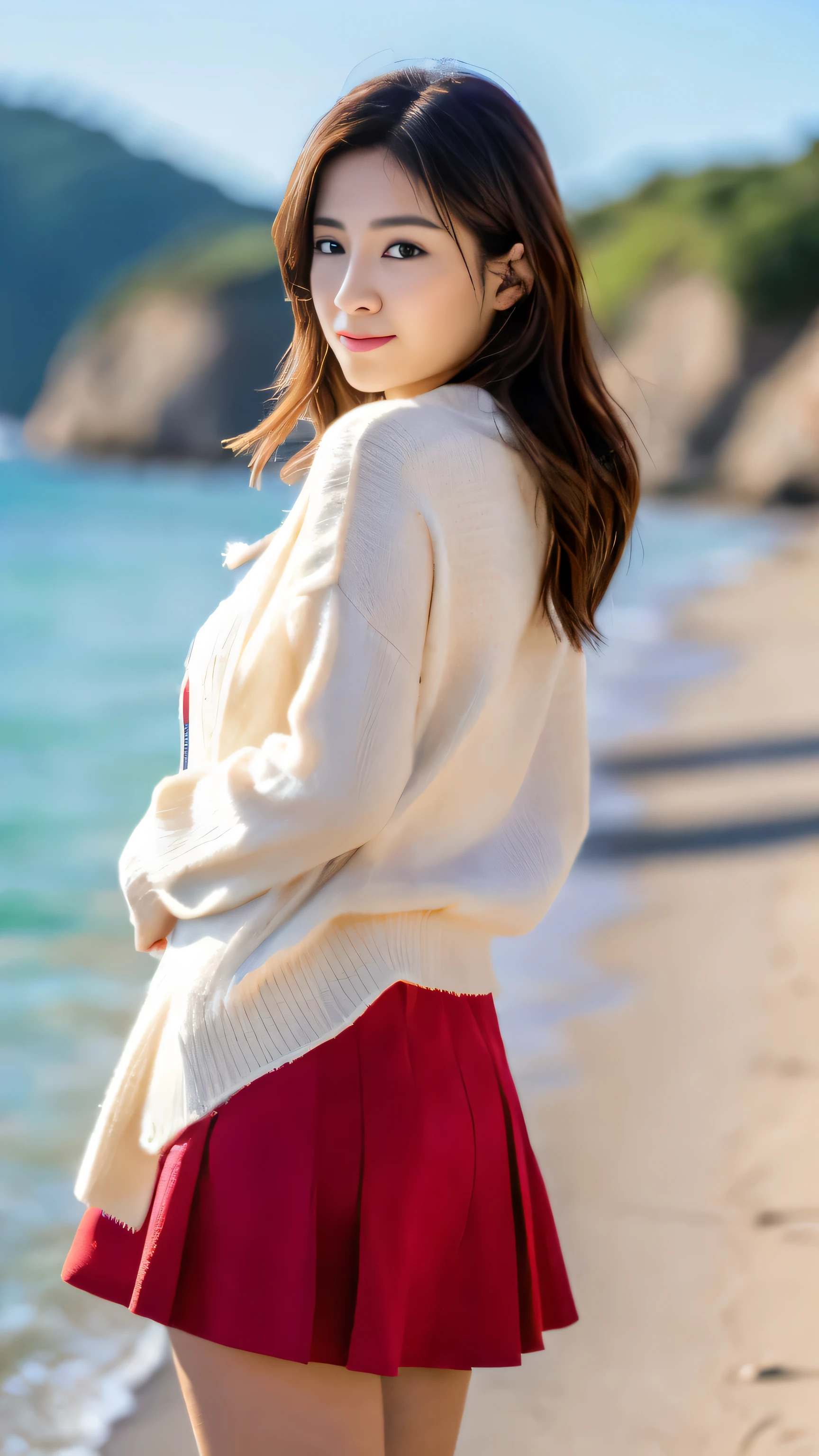 ((masterpiece))、(((Highest image quality))、((High resolution))、((High Definition CG Unity 8k Wallpapers))、solo、red skirt、white shirt、outdoor、on the beach,facial details,facial details、pink cardigan、chestnut hair,High resolution画像でカメラを見つめながら微笑んでいます
