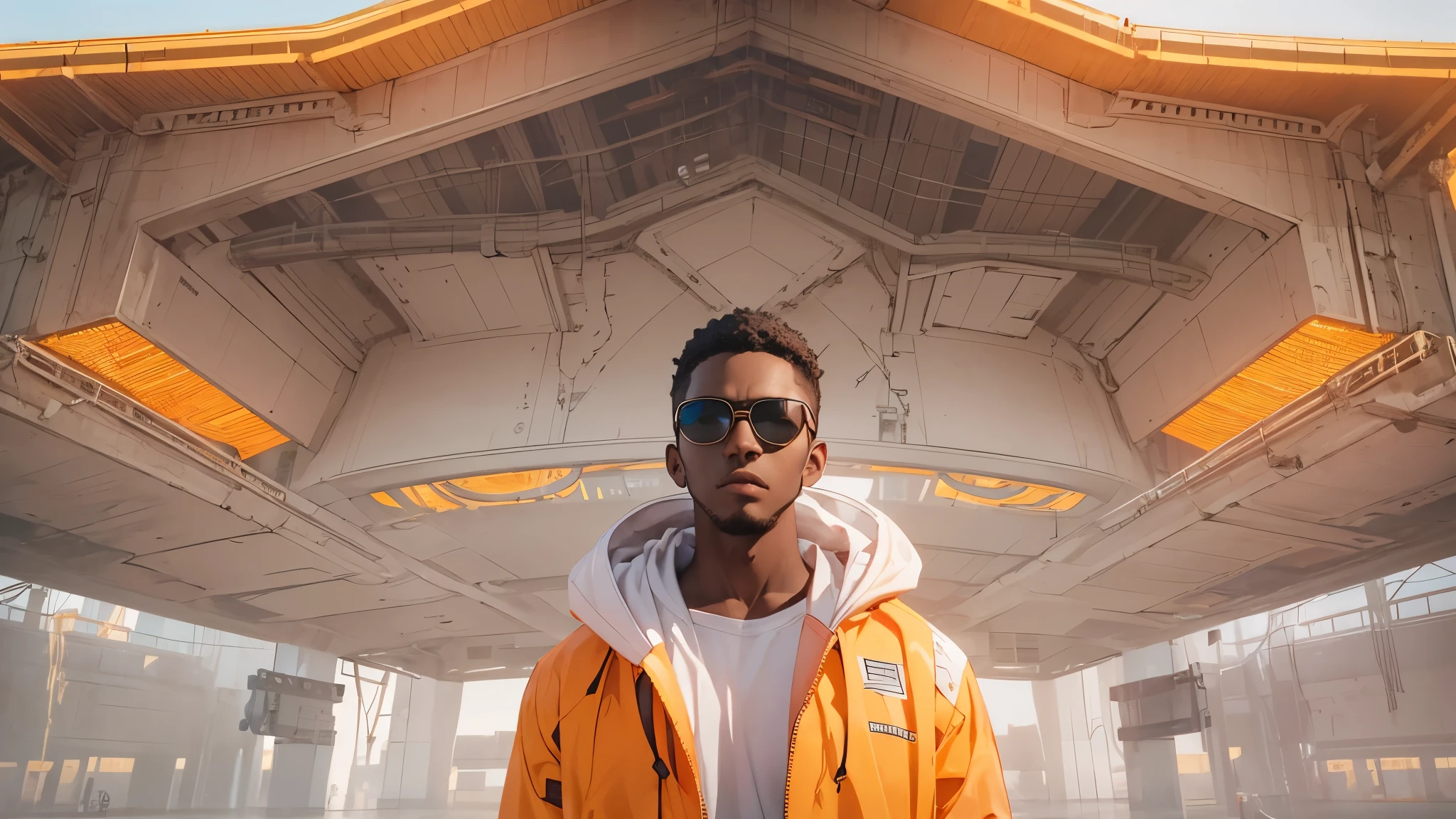 Capture the breathtaking moment as a young, dark-skinned man wearing glasses, dressed in a crisp white windbreaker hoodie faces an ominous orange light structure in a futuristic white building creating a raw and emotional masterpiece. This ultra-high resolution, photorealistic full-body portrait is bathed in the warm glow of sunlight, capturing the essence of the scene. The style is reminiscent of mecha sci-fi anime, presented in an impressive 8K resolution for unparalleled image quality. Crafted with Unreal Engine 5, the artwork features ultra-realistic 64K CG, skin texture at 1.4, and an evocative orange volumetric fog, adding depth and atmosphere to the narrative. Further detailing includes 8K UHD, DSLR quality, film grain, and the artistic nuances of lomography, resulting in a visually stunning composition that seamlessly blends high-quality visuals, translucent effects, and photorealism to truly captivate the viewer.