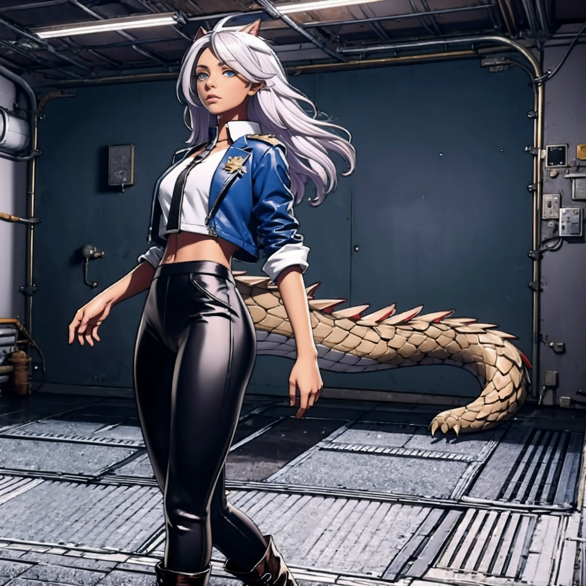 8k, resolution, high quality, high resolution, best quality, extremally detailed, best resolution, absurd resolution, ray tracing, high detailed, masterpiece, extremely detailed,detailed angelic face, shoulder length white hair, female,2 white wolf ears, teenage girl, slim body,white scale dragon tail, military boots,black leggings, navel blue school skirt, sailer shirt, white jacket, medium size chest, detailed blue eyes, detailed beautiful face,solo female,1 dragon tail, detailed eyes, tomboyish, thick dragon tail, white scales, 2 dragon wings, white fluffy wings