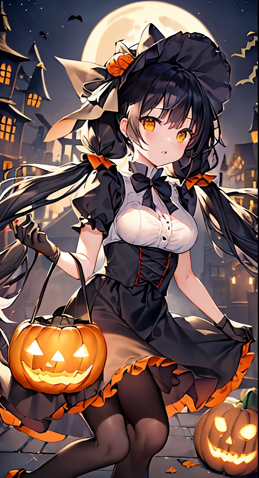 (highest quality)、(masterpiece)、(super detailed)、Halloween、beautiful girl alone、、cute、(black haired:1.5)、(long hair:1.4)、((low twin tails:1.3))、(witch hat:1.2)、white blouse、big 、big breasts、Puffy breasts、Puffy short sleeves、(Long skirt with orange ruffles:1.3)、black robe、black corset、(kneel down:1.2)、(entrance:1.3)、outdoor、fine skin、(cute笑顔)、open your mouth、(yellow eyes)、Clearing the eyes、drooling eyes、Yellow hair tie、thin legs、(black tights:1.2)、evening、full moon、petals dancing in the wind、(Jack-o'-lantern:1.2)、black gloves、(Basket of sweets:1.2)、lighting lights、reach out your hand