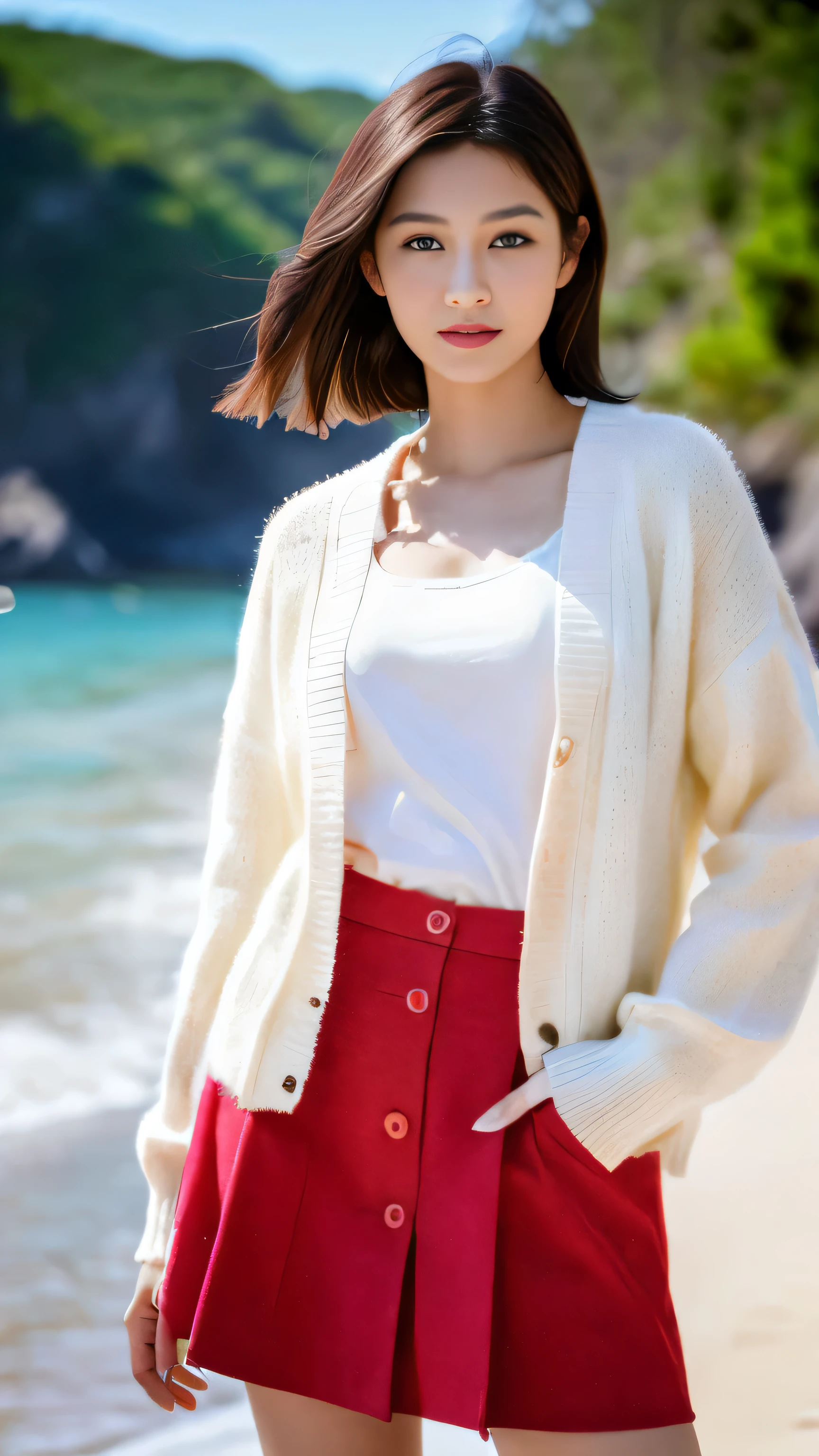 ((masterpiece))、(((Highest image quality))、((High resolution))、((High Definition CG Unity 8k Wallpapers))、solo、red skirt、white shirt、outdoor、on the beach，facial details，facial details、pink cardigan、chestnut hair，High resolution画像でカメラを見つめながら微笑んでいます