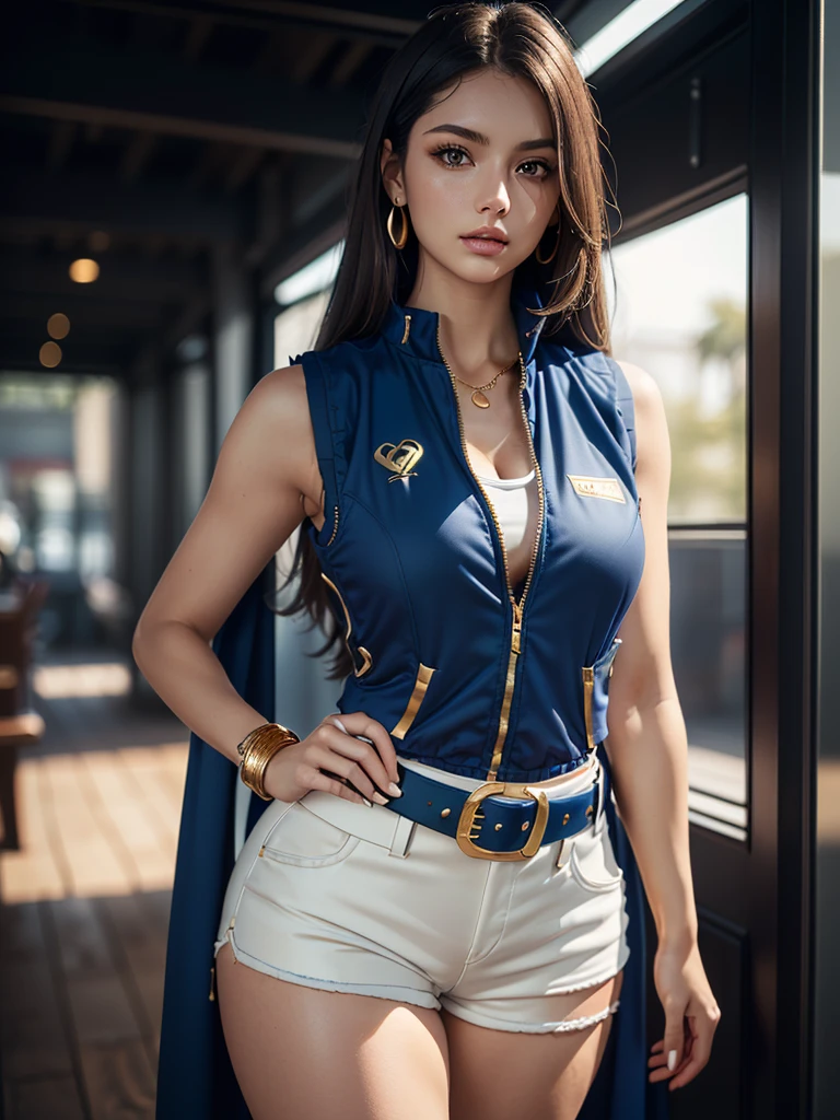 (best realistic quality, 8k, woman (very fat and bodied), with oily and porcelain skin, full body, in front of you, light reflecting on her detailed face, detailed eyes, attractive, perfect and well detailed, (hair 2.5 meters long , her hair exceeds her hips), ((round and medium breasts)), equal breast size and appearance, She wears covering her (breasts a vest-style top, futuristic, with dark blue, gold details), ( white shorts with belt, small gold details), (thick legs), in a very bright environment, and (very lit, realistic) (blurred background).