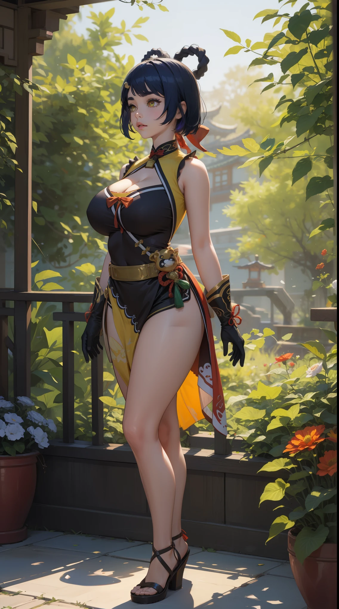 girl, solo, full body, standing, from head to toe, (Huge_Breasts:1.3),
A breathtakingly beautiful garden filled with vibrant flowers, lush green plants, The air is filled with the sweet scent of blooming flowers, and rays of golden sunlight gently filter through the leaves, creating a magical atmosphere,
xiangling \(genshin impact\),1girl,blue hair, short hair, thick eyebrows, hairclip, hair rings, braid, yellow eyes, bow, glove,chinese clothes, sleeveless, bare shoulders, pelvic curtain, belt,