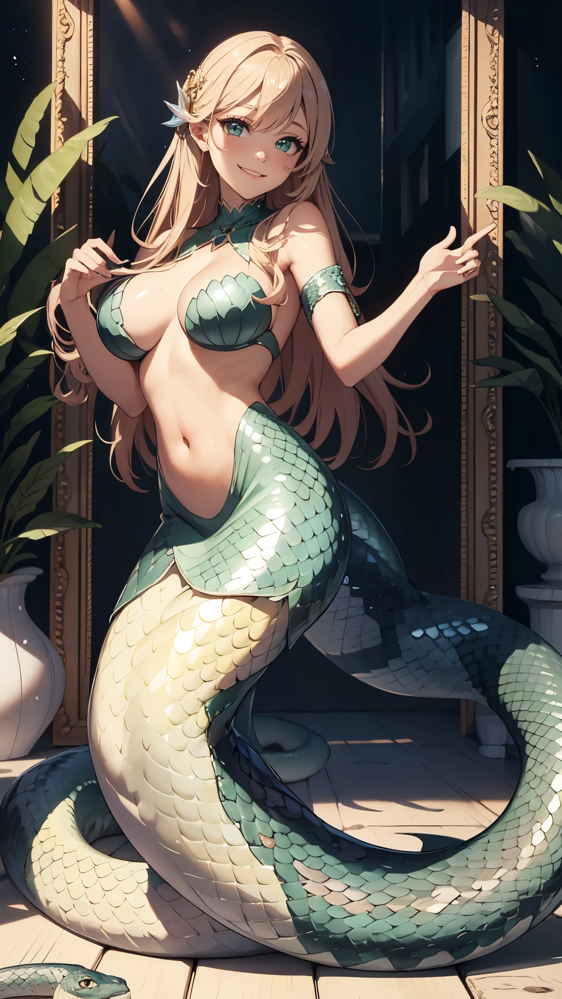 masterpiece,best quality,original photo,high resolution,Mermaid,snake,Smile,portrait,close shot