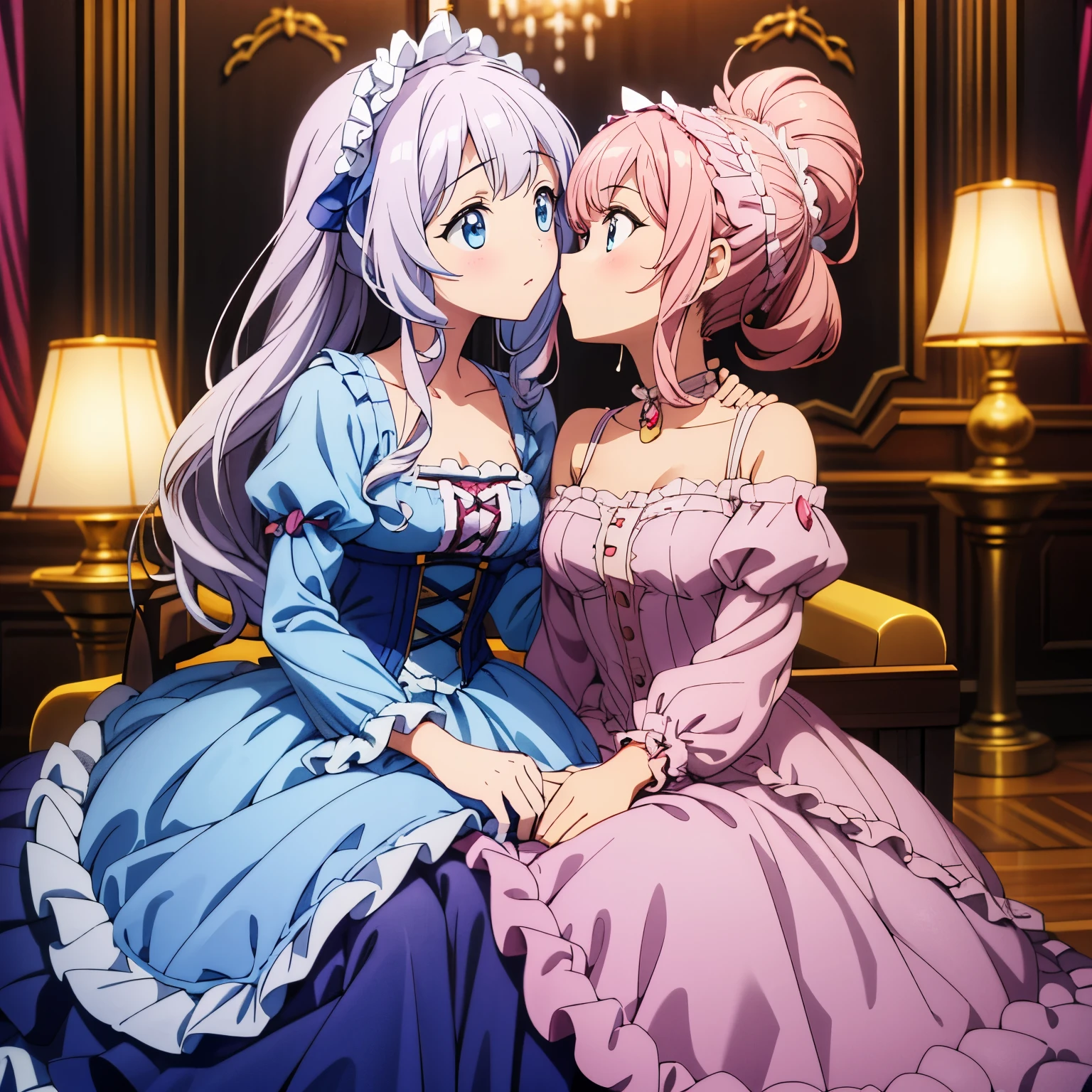 highest quality, masterpiece, highest resolution, artwork, super それにget used to it, many get used to it, get used to it, それにget used to it, woman, 10 years old,the two girls are princesses,(((A pink Marie Antoinette-like rococo-style voluminous ballgown dress))),long sleeve,ruffled sleeves,(ruffled yoke collar),long dress,A dress with lots of frills and ribbons..wears a tiara on the head,luxury,two people kiss,