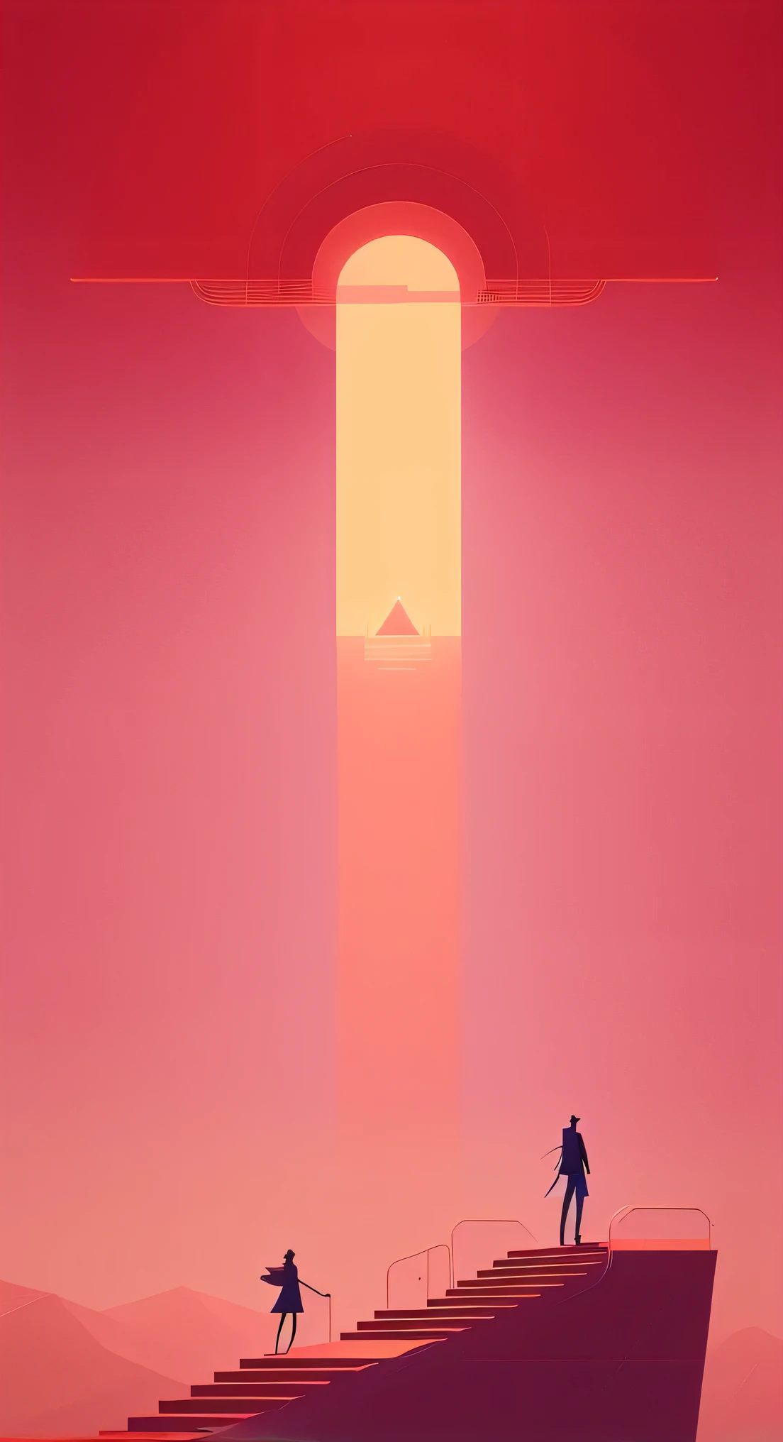 There is a man walking down the long red stairs, Propaganda art, blurred and dreamy illustration, inspired by Kilian Eng, concept illustration, concept art, concept art, journey game company, women rise into the sky, Kilian Eng. Mobius ring, inspired by Hugh Ferriss, illustration!, perspective artwork, Colorful flat surreal ethereal, women rise