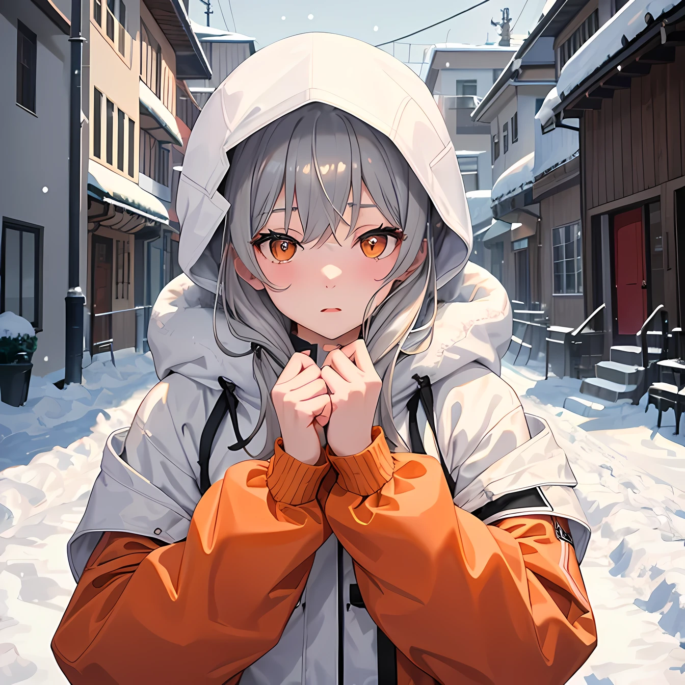 masterpiece, best quality, 1 girl, gray hair, orange eyes, cold, worried, parka jacket, winter, snowing, upper body, everything covered in snow