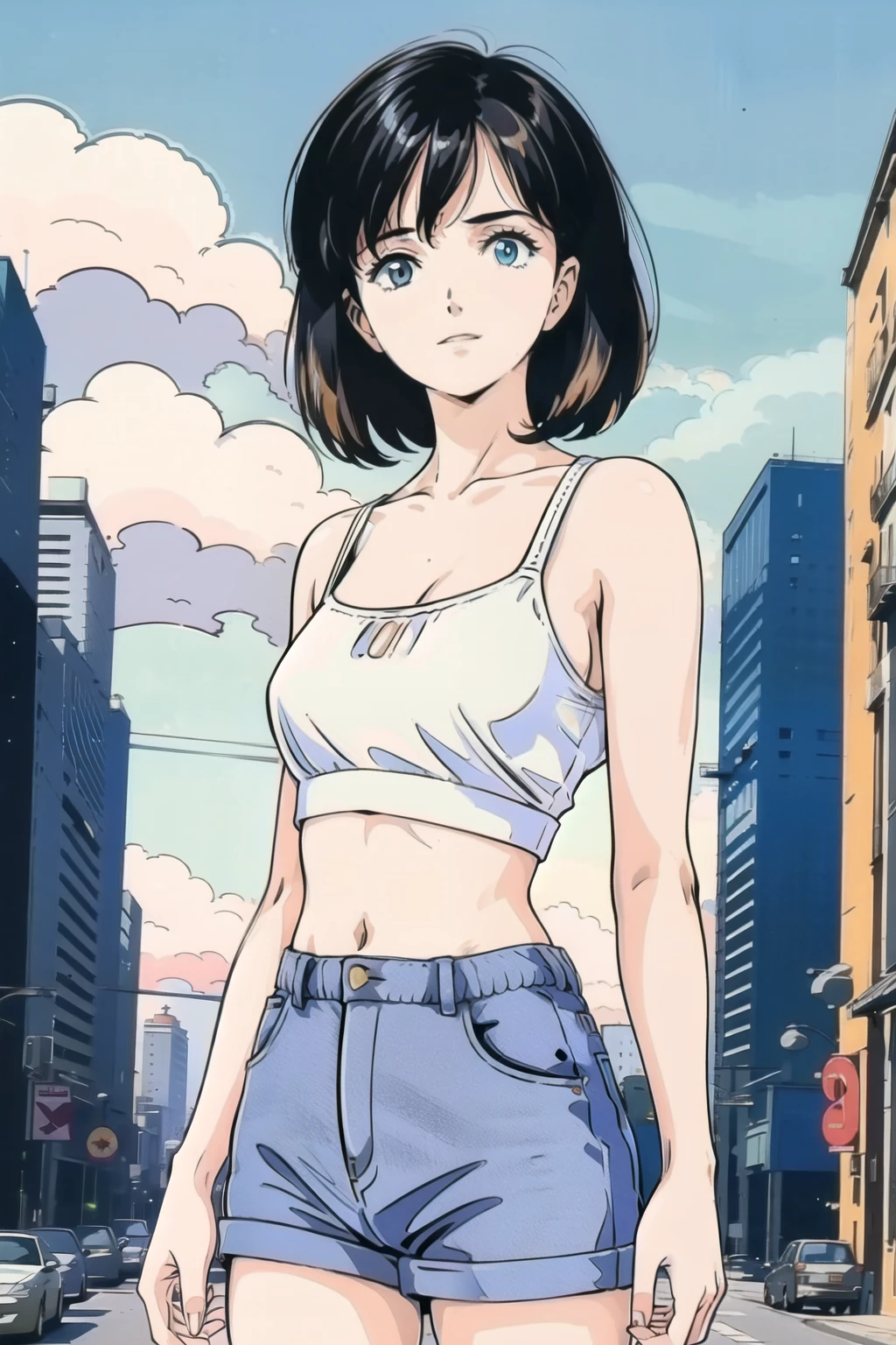 ((1980s_style)), naked, 1girl, upper body, black short hair, bra, denim shorts, standing, (outdoors, cityscape, buildings, streets, blue sky, clouds), (cowboy shot),(masterpiece, high quality, best quality), (colorful),(delicate eyes and face), Volumatic light, ray tracing, extremely detailed CG unity 8k wallpaper, solo.
