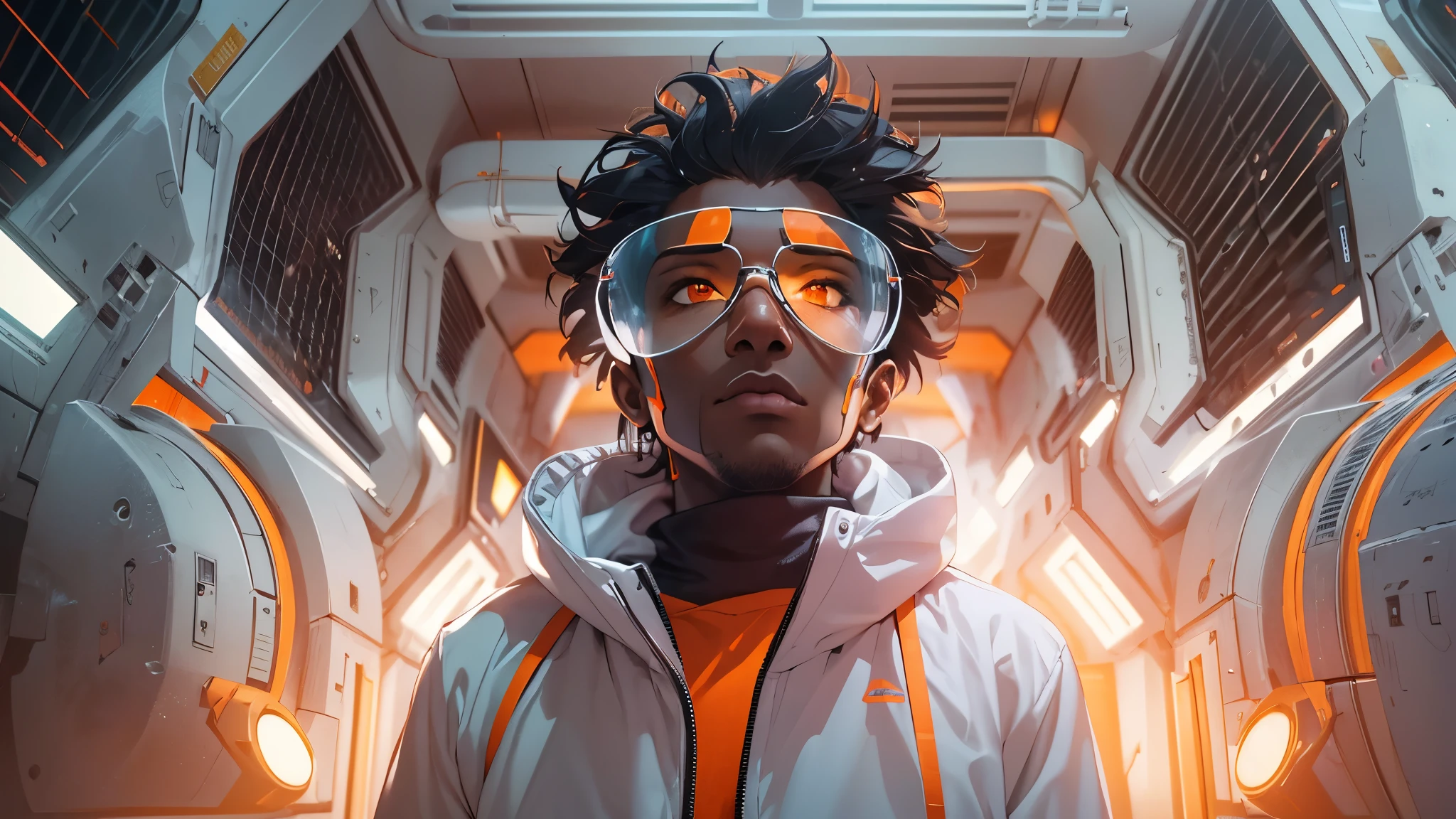Capture the breathtaking moment as a young, dark-skinned man wearing glasses, dressed in a crisp white windbreaker hoodie faces an ominous orange light structure in a futuristic white building creating a raw and emotional masterpiece. This ultra-high resolution, photorealistic full-body portrait is bathed in the warm glow of sunlight, capturing the essence of the scene. The style is reminiscent of mecha sci-fi anime, presented in an impressive 8K resolution for unparalleled image quality. Crafted with Unreal Engine 5, the artwork features ultra-realistic 64K CG, skin texture at 1.4, and an evocative orange volumetric fog, adding depth and atmosphere to the narrative. Further detailing includes 8K UHD, DSLR quality, film grain, and the artistic nuances of lomography, resulting in a visually stunning composition that seamlessly blends high-quality visuals, translucent effects, and photorealism to truly captivate the viewer.
