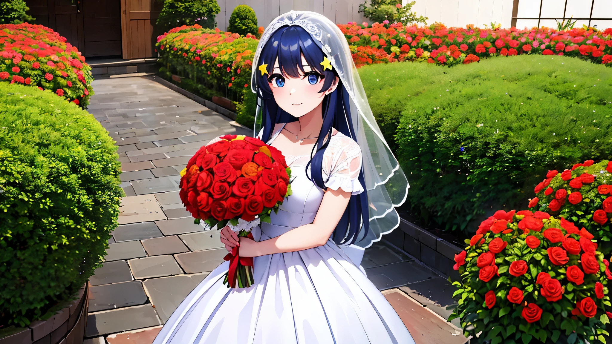 High quality, 1 girl solo, Itsuki Nakano, star hair ornament, Wedding dress, smile, holding a bouquet of Red flowers, garden, big , Blue eyes, bangs,