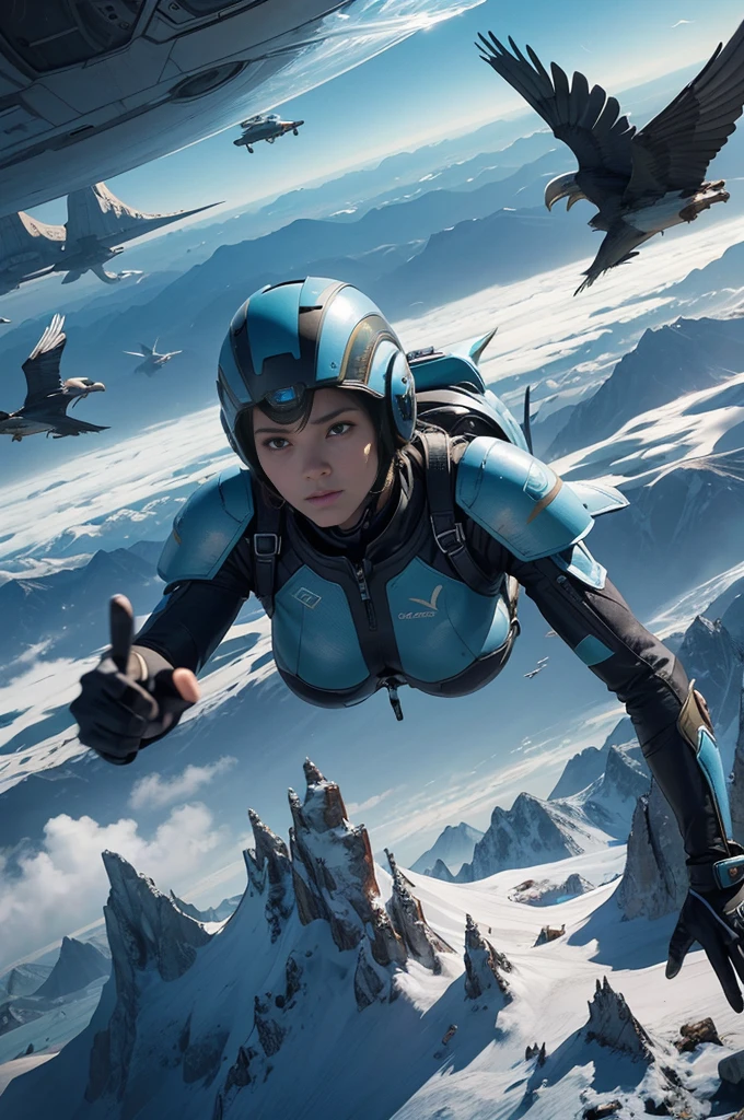 A thrilling scene of people soaring above the earth with wings on their backs, reminiscent of science fiction lore, forms a high-definition tableau in 4K resolution. The intricately detailed features of the skydivers' faces, against the backdrop of the sprawling blue-green earth, create a breathtaking and dynamic image.

(sci-fi style, multiple people, wings on back, earth background, high quality)
An exhilarating tableau unfolds as people, clad in futuristic gear, fly above the earth with wings strapped to their backs in this sci-fi themed illustration. The high resolution image exudes a stunning level of detail