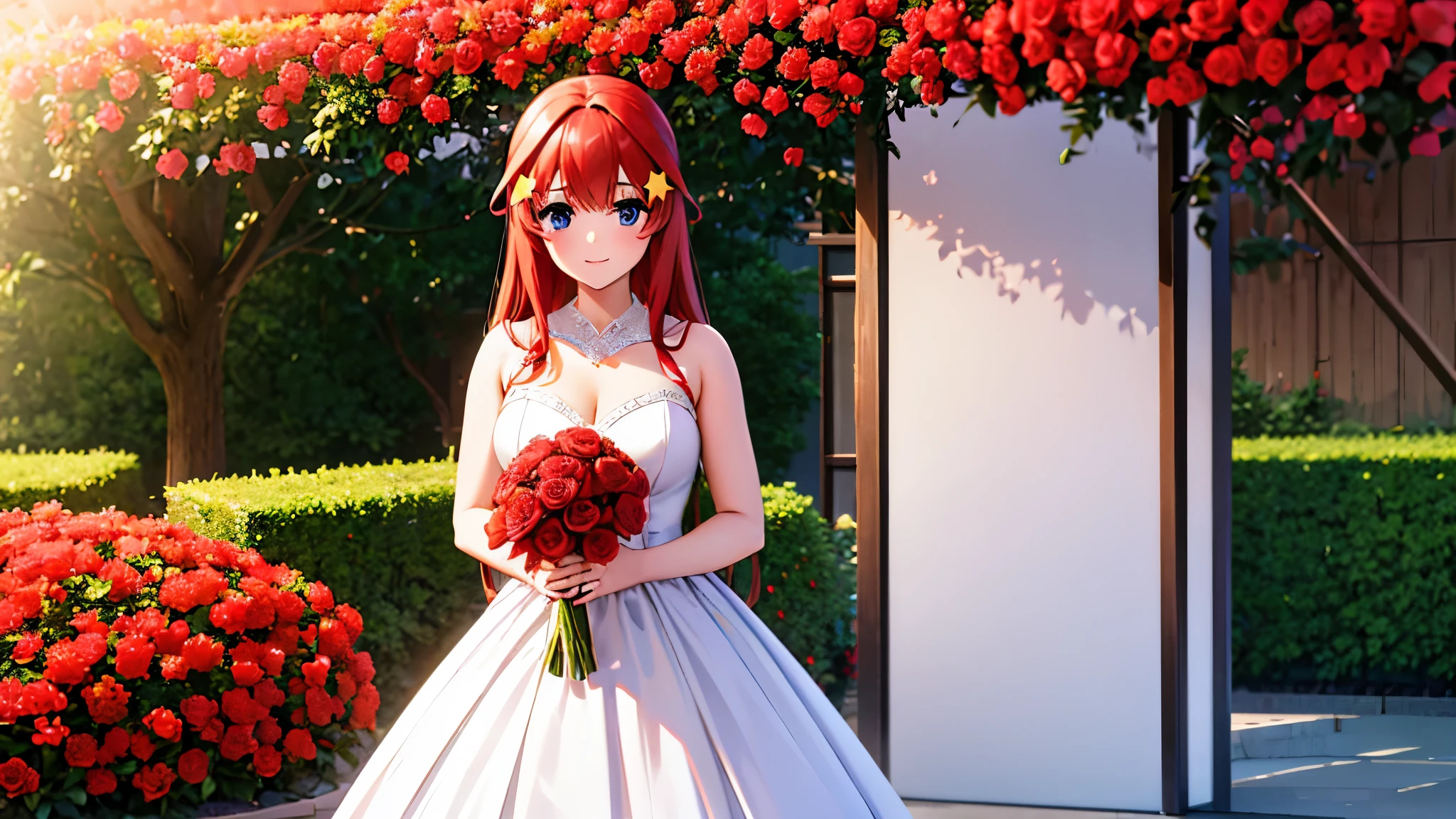 High quality, 1 girl solo, Itsuki Nakano, star hair ornament, Wedding dress, smile, holding a bouquet of Red flowers, garden, big , Blue eyes, bangs,