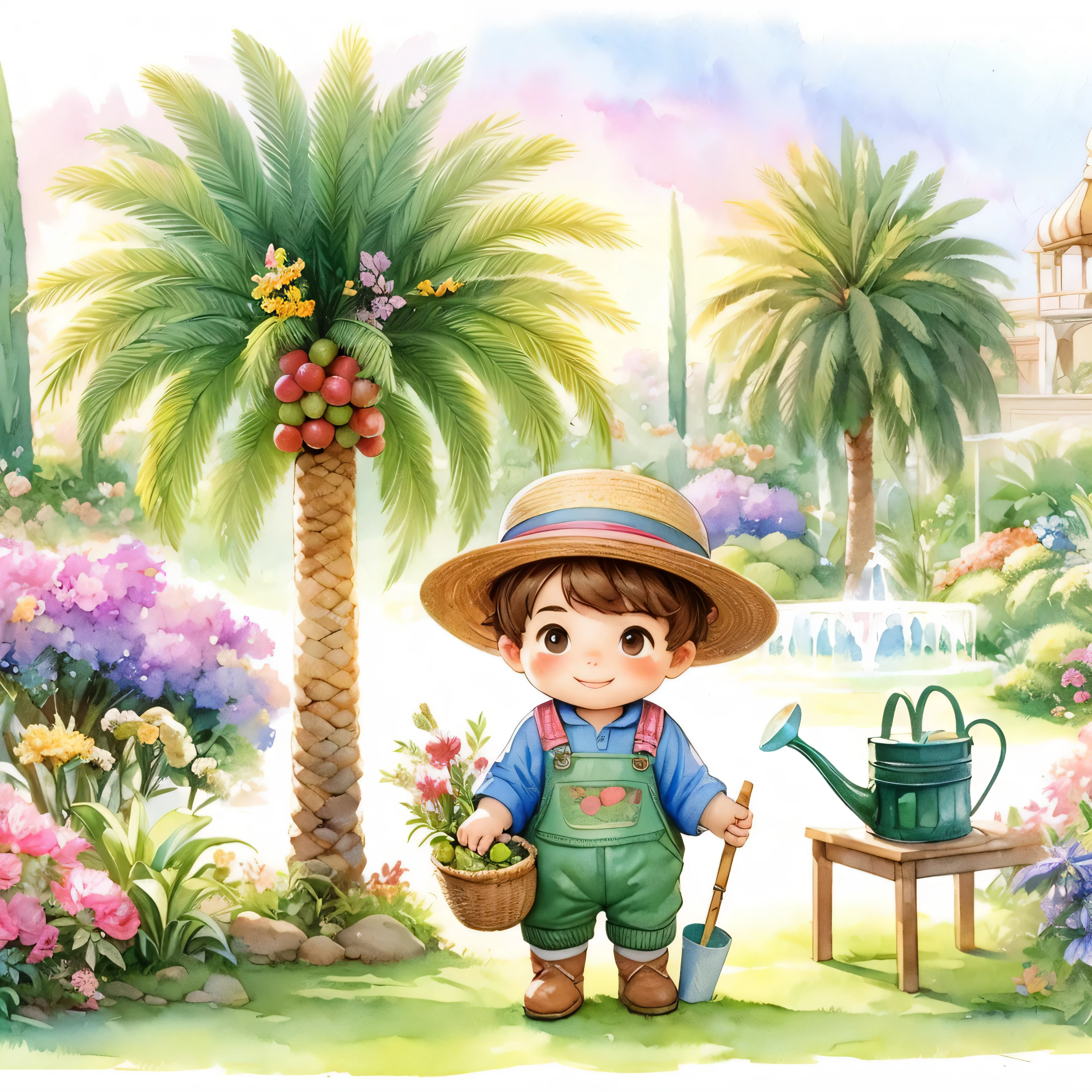 pintura feita em estilo aquarela, onde podemos ver um jardim encantador, with a little gardener boy taking care of various plants, He is portrayed as a baby, Feito em estilo desenho de cartoon, with appropriate gardening clothes and straw hat, O garotinho sorri enquanto cuida das plantas com carinho, Ao fundo, there are several majestic date palms, cheia de frutos maduros e suculentos, O menininho segura uma cesta cheia desses frutos, que ele colheu com orgulho, the boy is on a path with a dirt floor, The image is made in watercolor, com cores vibrantes e suaves, conveying a sense of tranquility and harmony, The plants have bright colors coming from the flowers around the garden, the different varieties of plants that the boy is taking care of and even some friendly animals that are nearby, like butterflies or birds. The boy is cheerful while holding the basket full of fruits, The ripe fruits of the date palm and how they add a touch of color and abundance to the garden, Use the watercolor technique used to create the image, highlighting the soft brushstrokes and translucent colors that bring the scene to life