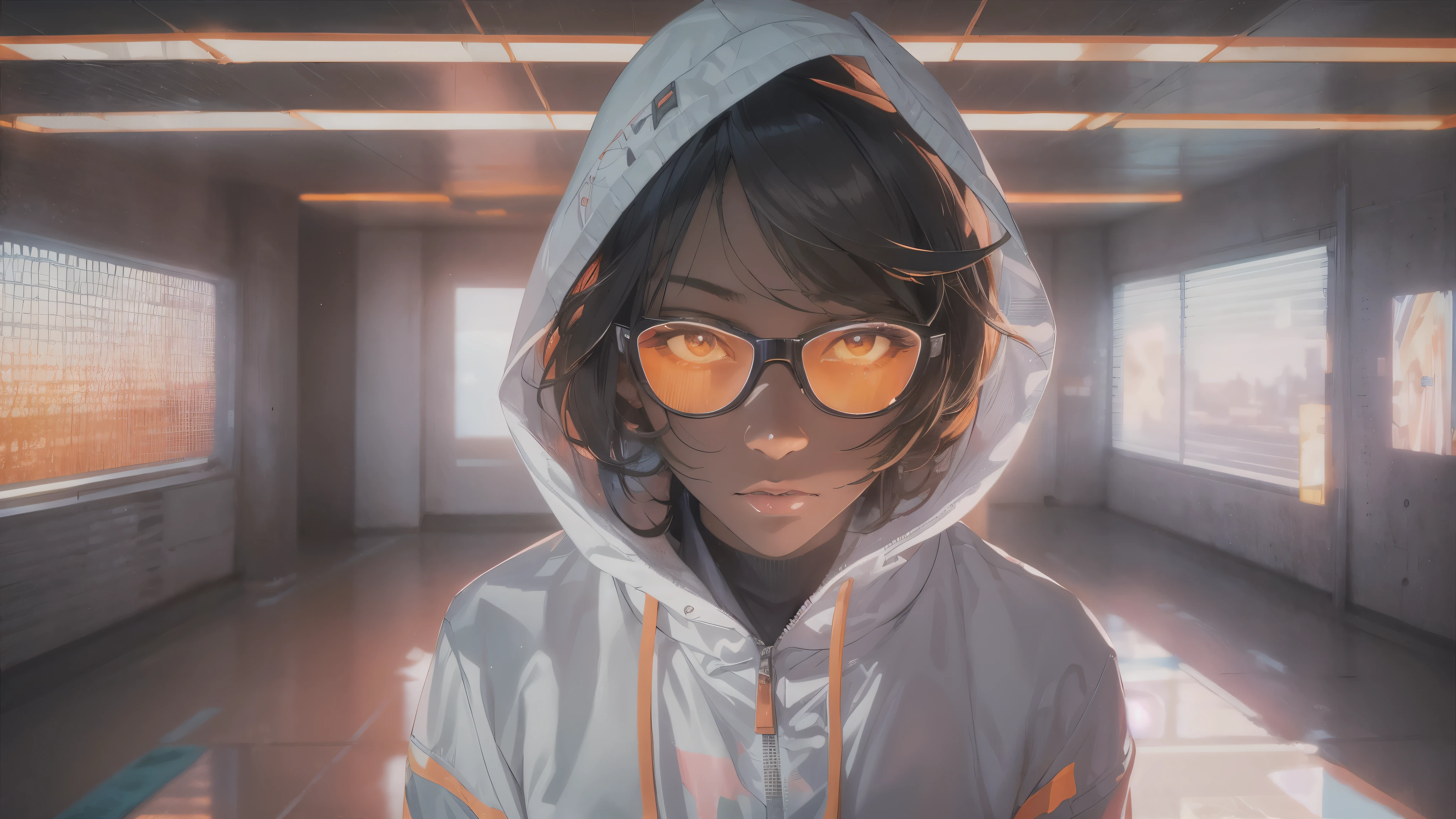 Capture the breathtaking moment as a young, dark-skinned man wearing glasses, dressed in a crisp white windbreaker hoodie faces an ominous orange light structure in a futuristic white building creating a raw and emotional masterpiece. This ultra-high resolution, photorealistic full-body portrait is bathed in the warm glow of sunlight, capturing the essence of the scene. The style is reminiscent of mecha sci-fi anime, presented in an impressive 8K resolution for unparalleled image quality. Crafted with Unreal Engine 5, the artwork features ultra-realistic 64K CG, skin texture at 1.4, and an evocative orange volumetric fog, adding depth and atmosphere to the narrative. Further detailing includes 8K UHD, DSLR quality, film grain, and the artistic nuances of lomography, resulting in a visually stunning composition that seamlessly blends high-quality visuals, translucent effects, and photorealism to truly captivate the viewer.
