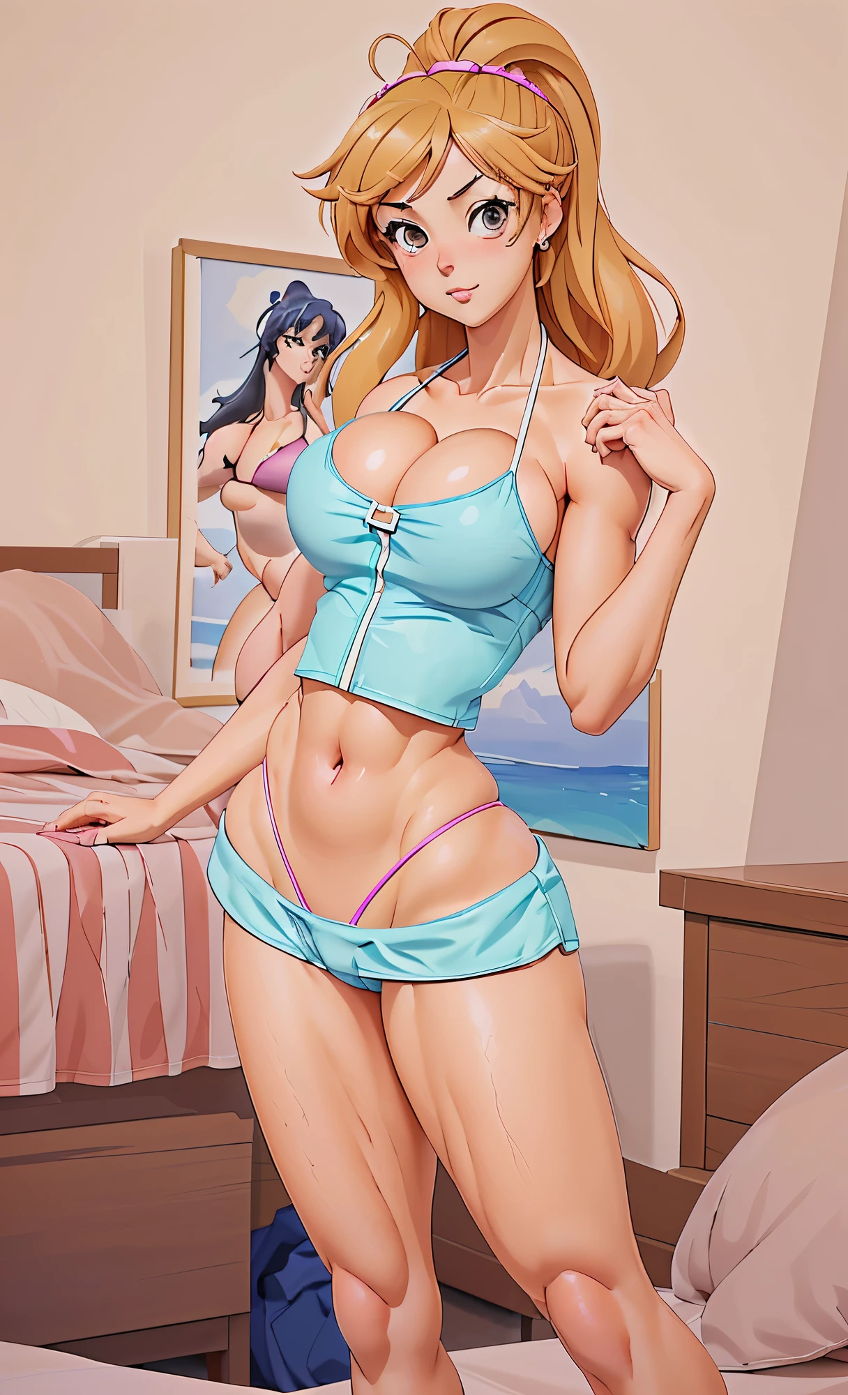 a woman in a bikini crop top and board shorts over panties, beautiful portrait, seductive anime girl, is wearing a swimsuit, high quality, pinup body, size art, large overflowing breasts, wide hips, out of focus bedroom in the background, masterpiece, highres,