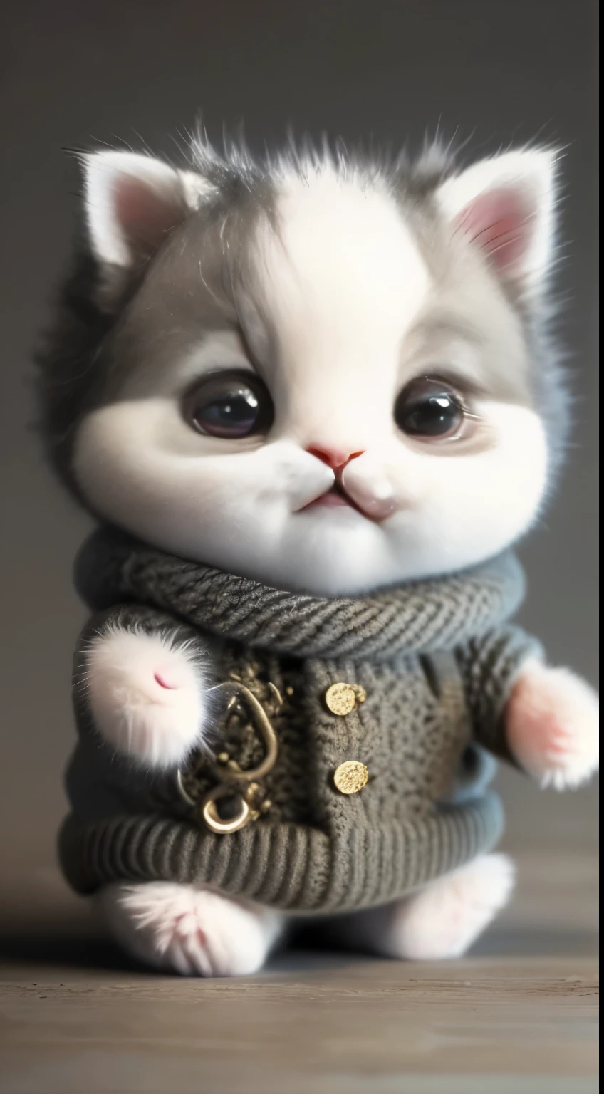 kitten in clothes， miniature kitten， Animal focus， bearded， Realistic， Gonzo hand， ambiguous background，smile，interesting、