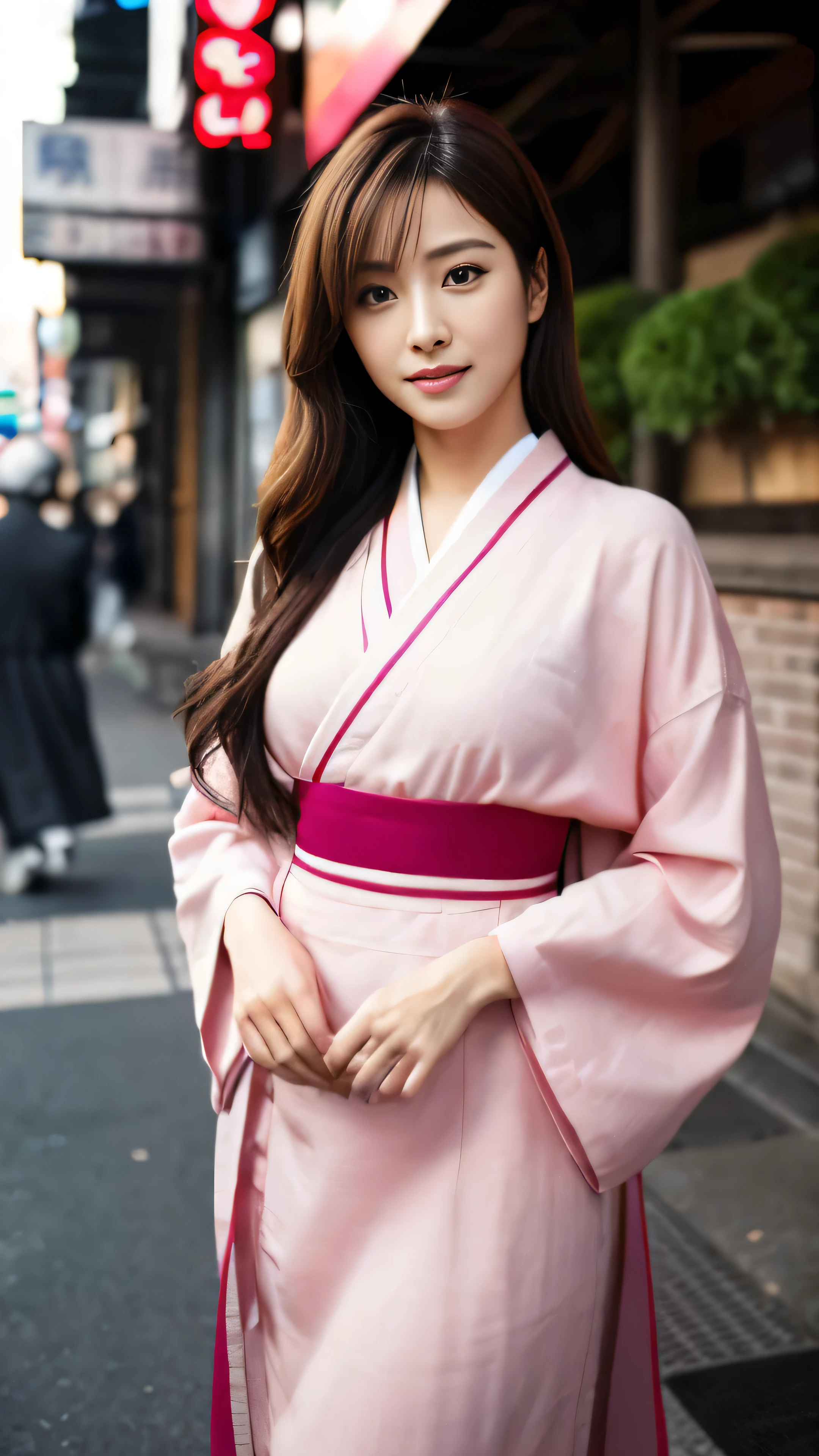 ((masterpiece))、(((Highest image quality))、((High resolution))、((High Definition CG Unity 8k Wallpapers))、solo、Pink kimono、Red band,outdoor、The background is the lively area of Dotonbori,facial details,facial details、chestnut hair,High resolution画像でカメラを見つめながら微笑んでいます