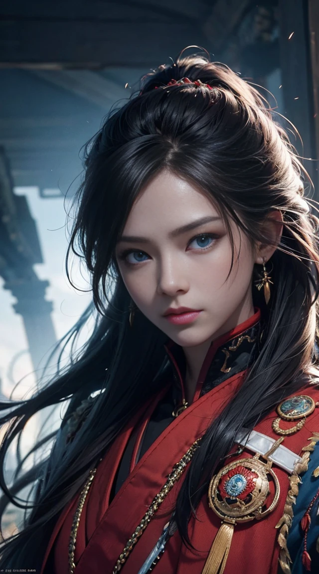 official art, unity 8k wallpaper, ultra detailed, beautiful and ancient, masterpiece, best quality, realistic, close-up, skindentation, Yi Zaha, blood samurai clothes, blue eyes, asean face, detailed hair, fiery background, straight-on, looking at viewer, glossy