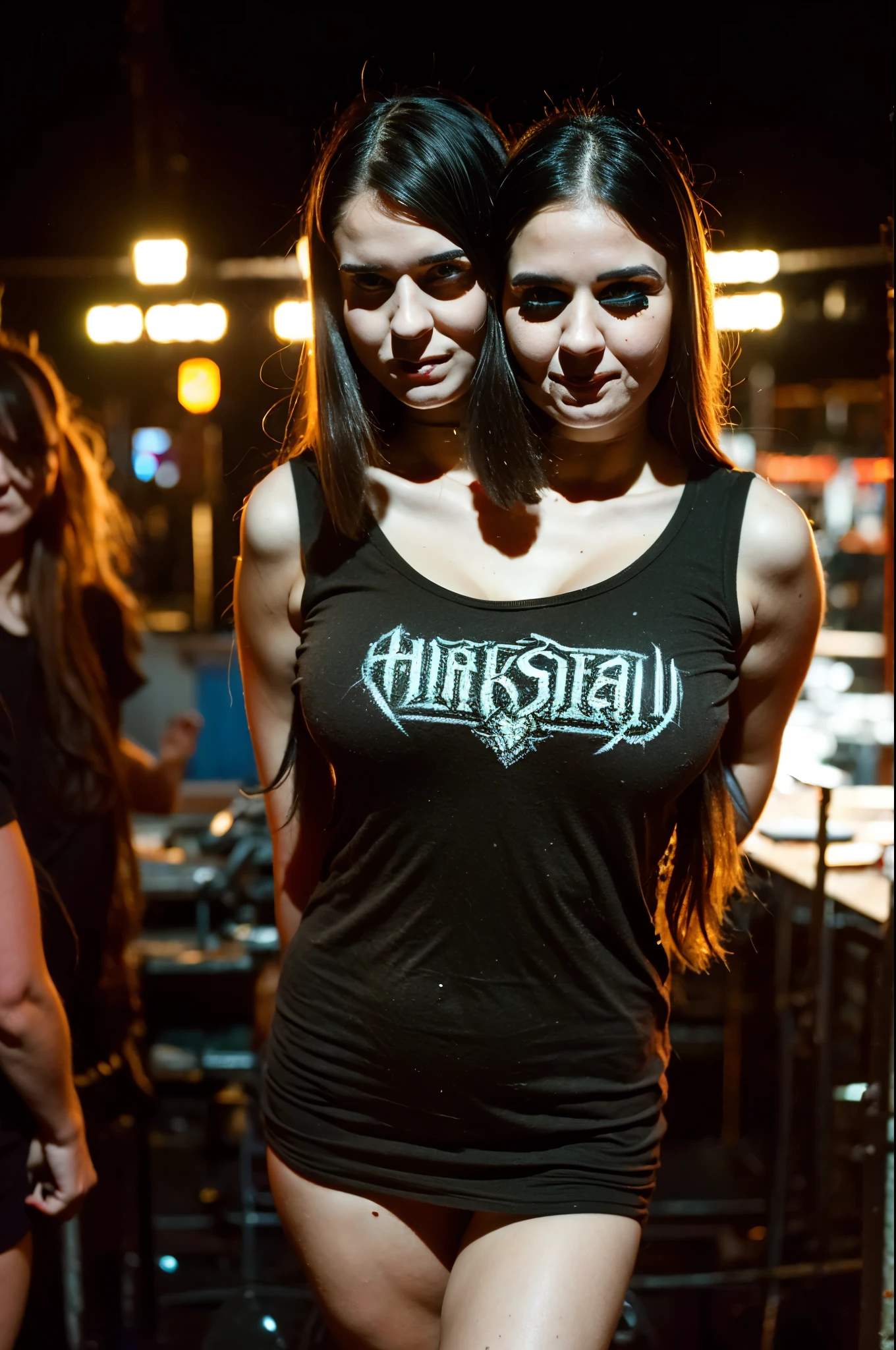 2heads, three headed girl, age 22, cute, two heads on one body, one torso, goth, at heavy metal concert, dim lighting,