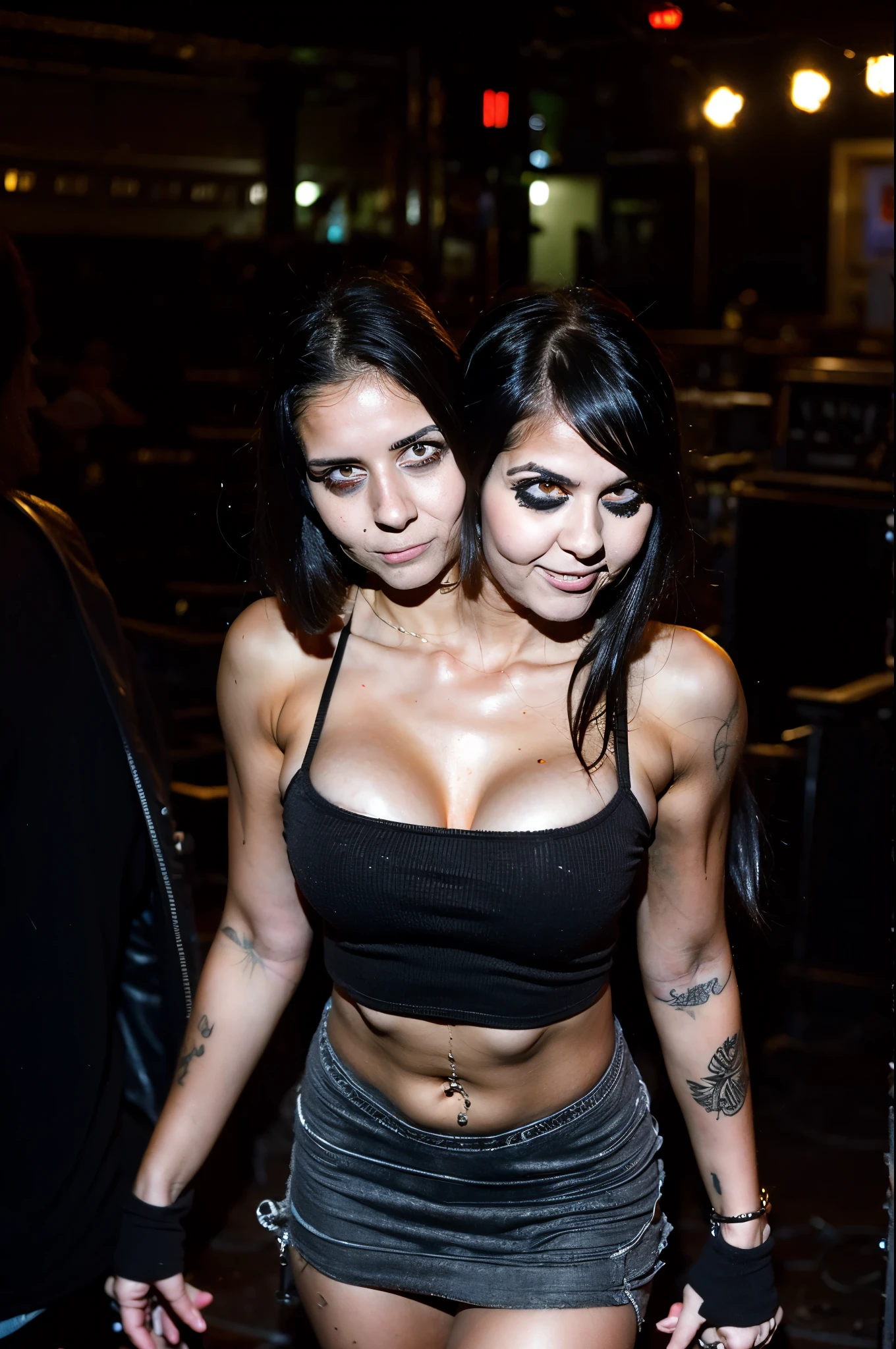 2heads, three headed girl, age 22, cute, two heads on one body, one torso, goth, at heavy metal concert, dim lighting,
