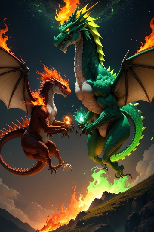 Dragones verdes con alas llameante exhala fuego en la cima de un acantilado. Los dragones Llameante exhala fuego, volcanes, respirando fuego. energy elements, aura, Onda, particles, and harmony.
