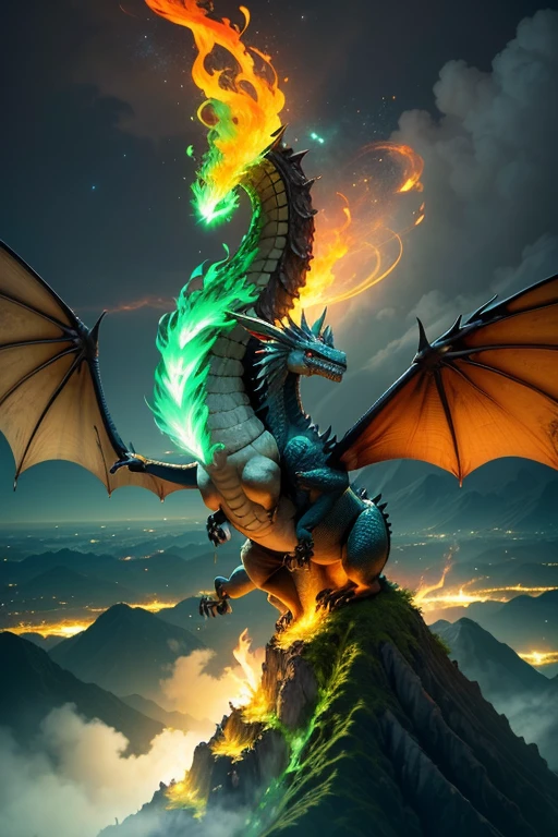 Dragones verdes con alas llameante exhala fuego en la cima de un acantilado. Los dragones Llameante exhala fuego, volcanes, respirando fuego. energy elements, aura, Onda, particles, and harmony.