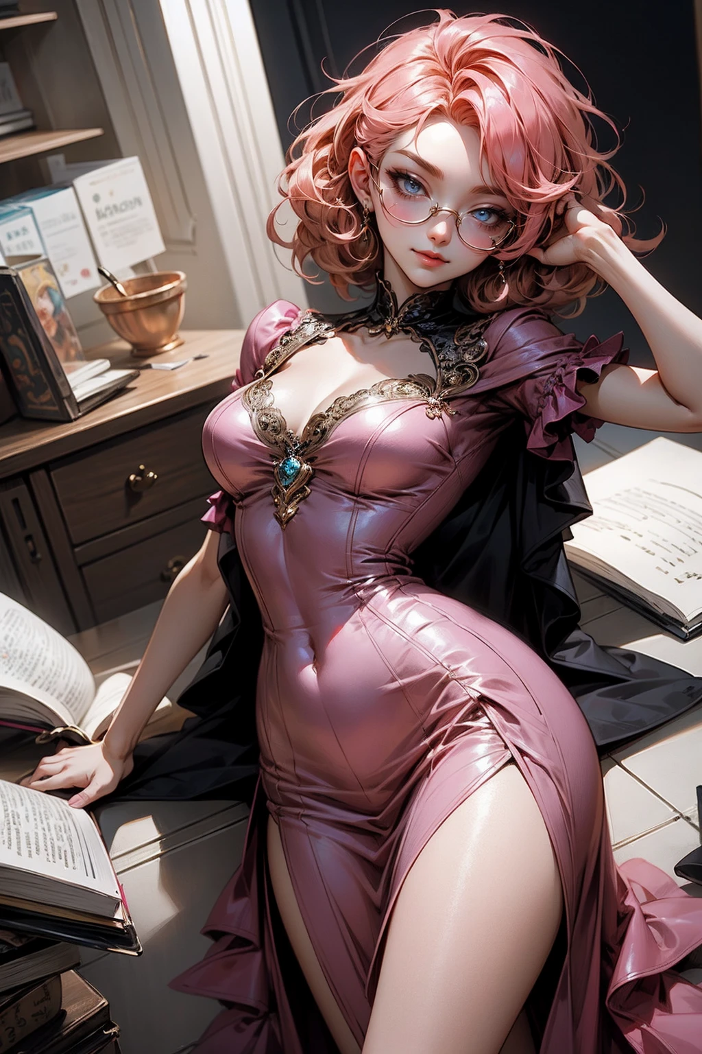 Anime girl tuxedo with curly rose gold hair and round gold glasses, rose gold eyes. Guviz style art, attractive detailed art style, Charlie Bowater Style, 1 7 - year - old cute anime girl, detailed manga style, detailed anime character art, germ of art. High detail, stunning manga art style. Rose dress. (pink dress) . Wearing rose gold Victorian clothing. Dancing, walking, drinking, reading, writing, lying, standing, on your back, dynamic poses, smile, closed mouth. Different Pose.