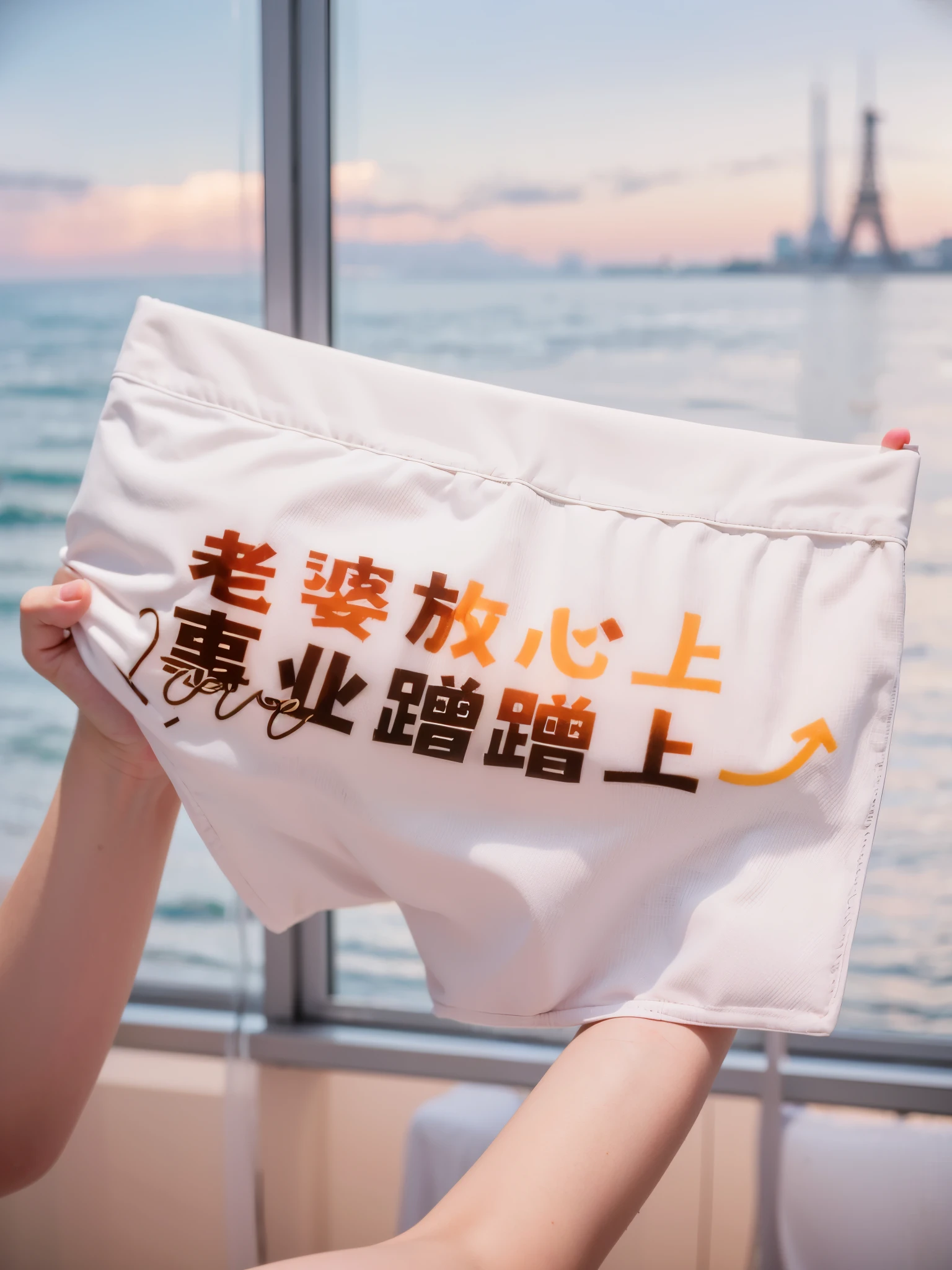 一双手拿着平角裤, ( Hotel french window, city:0.7, seaside:1.2) ,Faraway view,Background bokeh