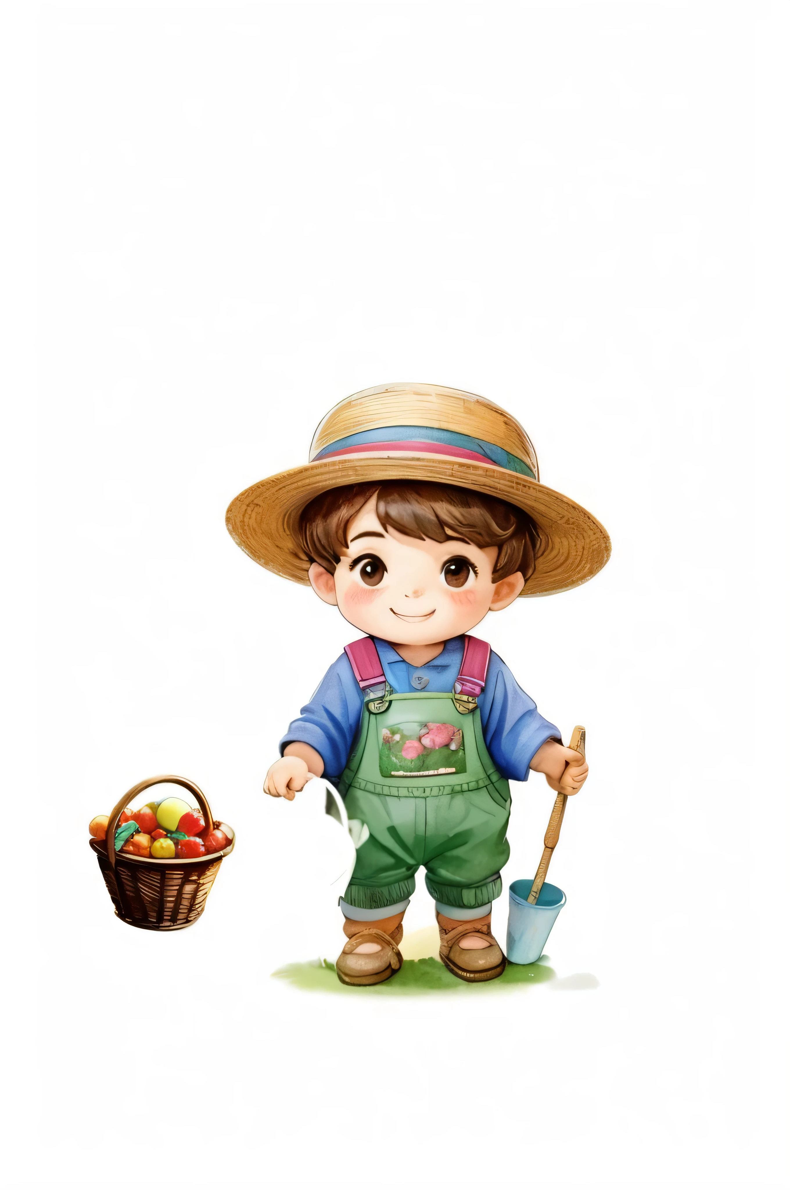 pintura em estilo aquarela, onde podemos ver um jardim encantador, with a little gardener boy taking care of various plants. He is portrayed as a baby, Feito em estilo cartoon, with appropriate gardening clothes and straw hat, O garotinho sorri enquanto cuida das plantas com carinho, Ao fundo, there are several majestic date palms, cheia de frutos maduros e suculentos, O menininho segura uma cesta cheia desses frutos, que ele colheu com orgulho, o esta num caminho, The image is made in watercolor, com cores vibrantes e suaves, conveying a sense of tranquility and harmony, The plants have bright colors coming from the flowers around the garden, the different varieties of plants that the boy is taking care of and even some friendly animals that are nearby, like butterflies or birds. The boy is cheerful while holding the basket full of fruits, The ripe fruits of the date palm and how they add a touch of color and abundance to the garden, Use the watercolor technique used to create the image, highlighting the soft brushstrokes and translucent colors that bring the scene to life.