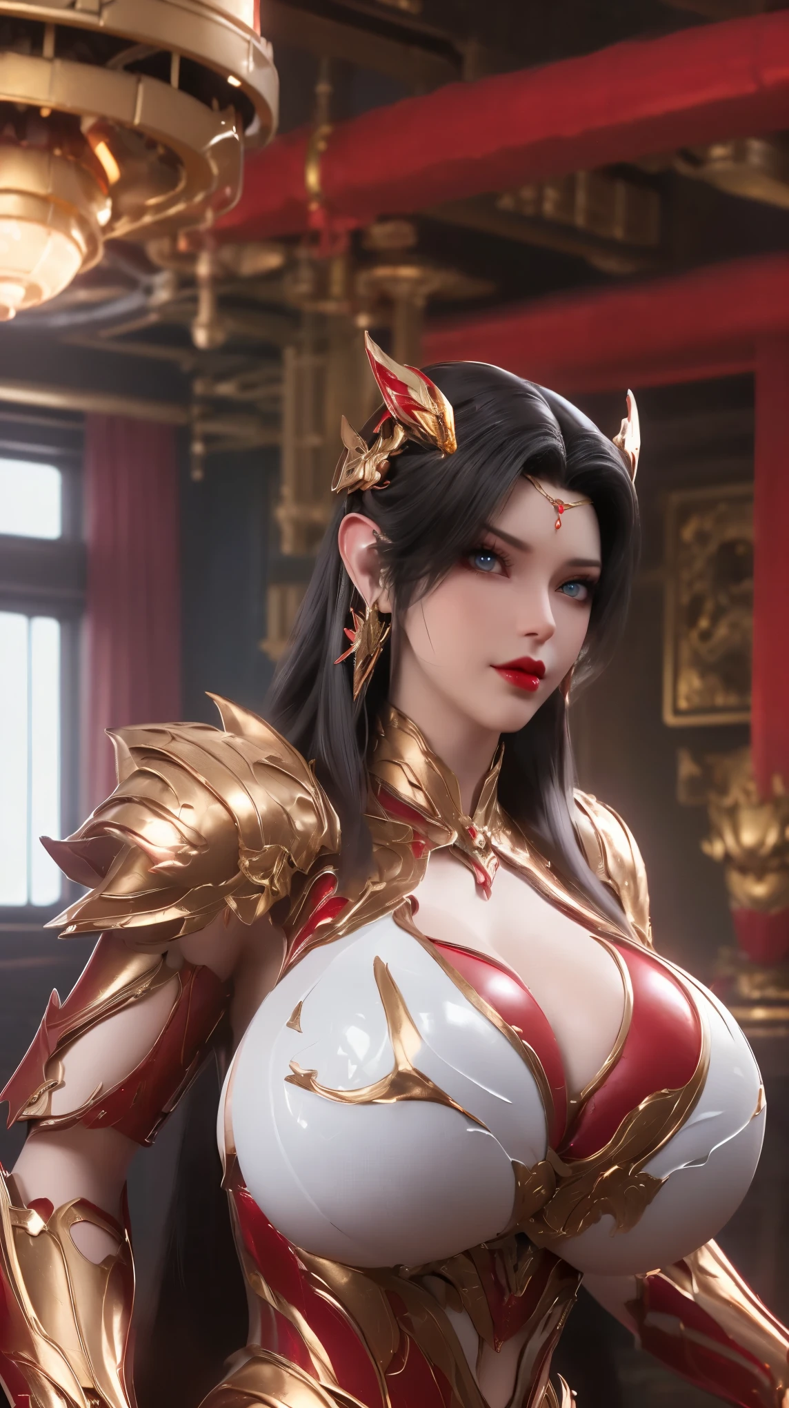 A BUSTY MILF, PORTRAIT,STANDING POSING, UPPER BODY, SOLO,(BEAUTY BLACK HAIR, GOLD DRAGON HORN), (MASSIVE FAKE BOOBIES,CLEAVAGE TOP,MUSCLE ABS:1.5), ((WEARING OUTFIT (LED RED, WHITE, BLACK) SHINY ROBOT MECHANICAL BIKINI ARMOR:1.5)),(CURVY VOLUPTUOUS BODY MATURE WOMAN:1.5), (SWEATY GLOSSY BODYSKIN:1.5), (LOOKING AT VIEWER:1.7),(BACKGROUND FUTURISTIC SPACE STATION:1), (PHOTOREALSITIC:1.4), (ULTRA-DETAILLIERT), (TOP-QUALITY), (BEST SHADOWS), BRIGHT LIGHT IN ROOM, HYPER TEXTURE, (4X MSAA), ((UNREAL ENGINE 5 RENDER)), PHYSICALLY-BASED RENDERING, ULTRA HIGHT DEFINITION, 16K, 1080P.