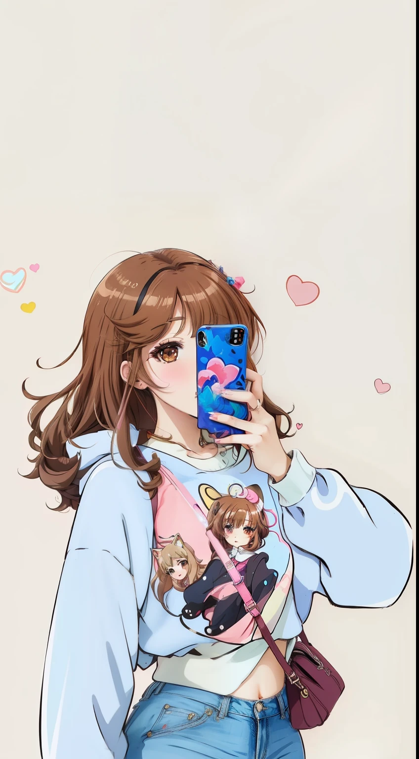 a close up of a person holding a cell phone in their hand, cute art style, anime vibes, anime aesthetic, cute detailed artwork, pokimane, girl with brown hair, anime lover, lofi girl aesthetic, style anime, in love selfie, solo portrait 🎨🖌️, beautiful drawing style, cute artwork, illustration style, anime art style, anime inspired