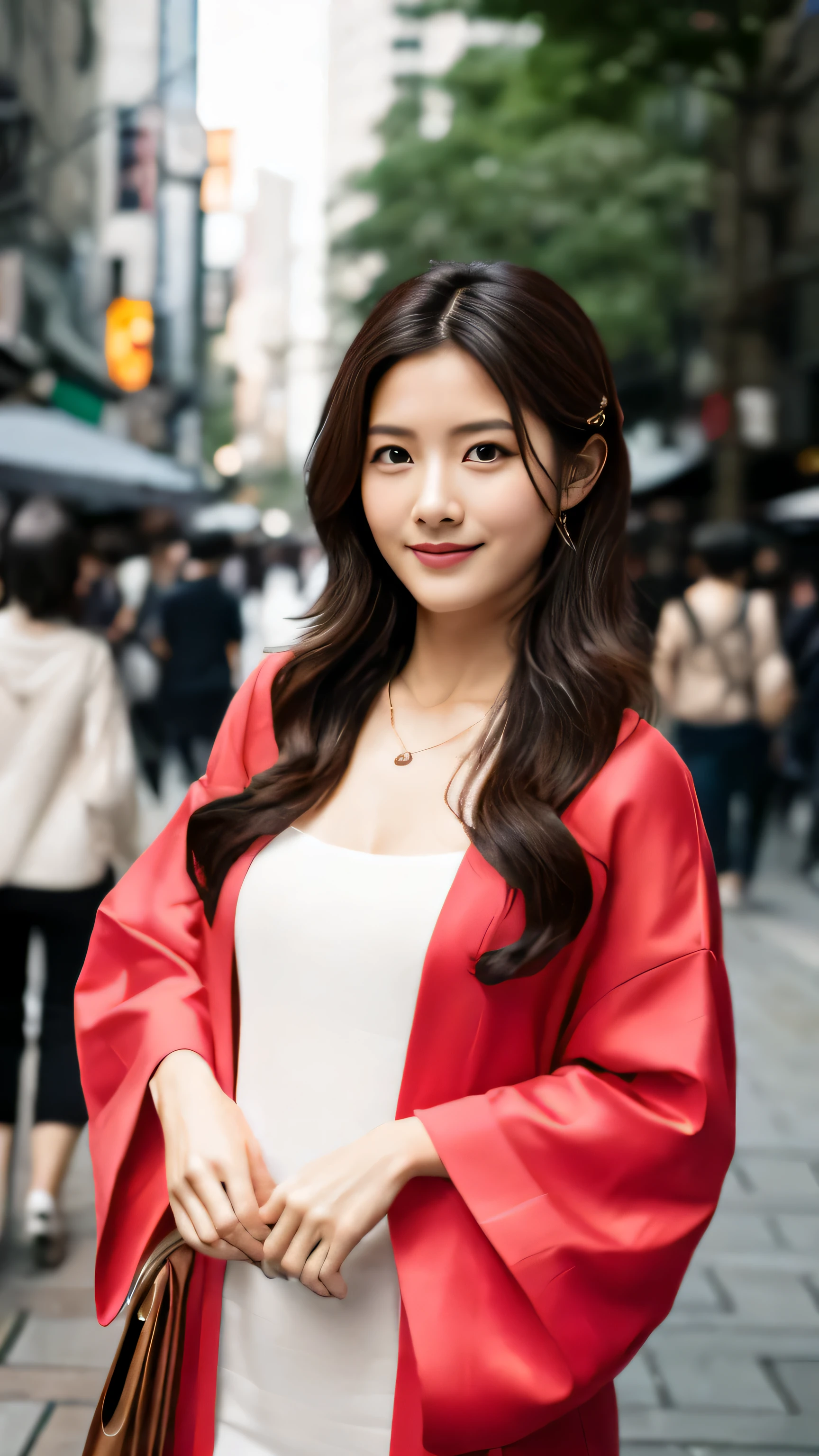 ((masterpiece))、(((Highest image quality))、((High resolution))、((High Definition CG Unity 8k Wallpapers))、solo、Pink kimono、Red band,outdoor、The background is the lively area of Dotonbori,facial details,facial details、chestnut hair,High resolution画像でカメラを見つめながら微笑んでいます