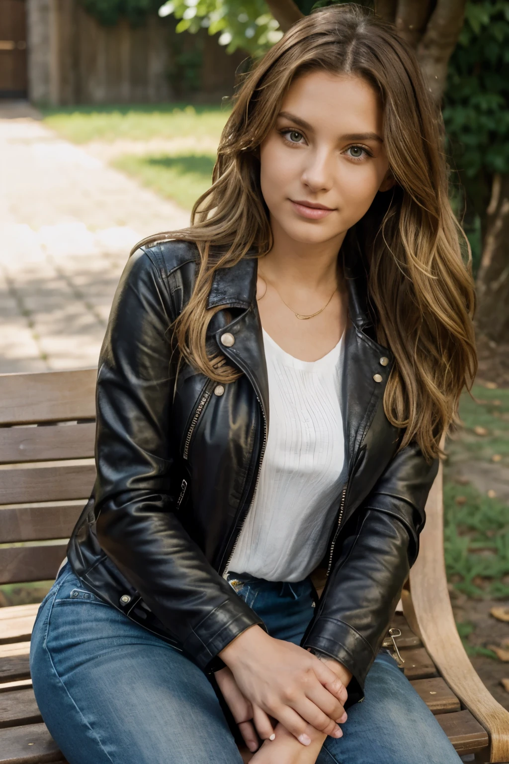 Model in leather jacket, taking a break:
1. Mother of 25, long wavy hair, golden highlights, average built, looking directly at viewer, sun-kissed complexion, green eyes, casual attire, encouraging a playful expression, pulling aside a strand of hair from her face, realistically captured, detailed nose, sitting on a wooden bench, leather jacket worn casually over a white blouse and jeans.